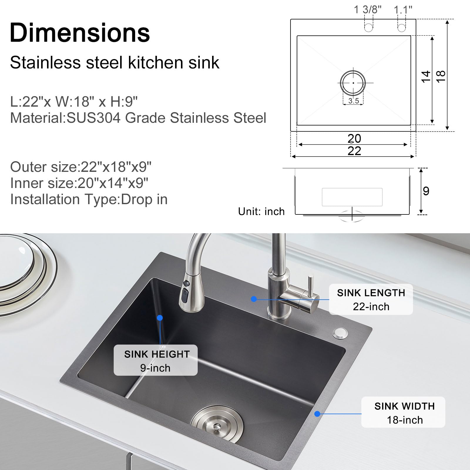 Menatt Commercial 22 X 18 Inch Drop In Single Bowl Kitchen Sinks, 22 Inch Sus304 Stainless Steel Handmade Topmount Kitchen Sink