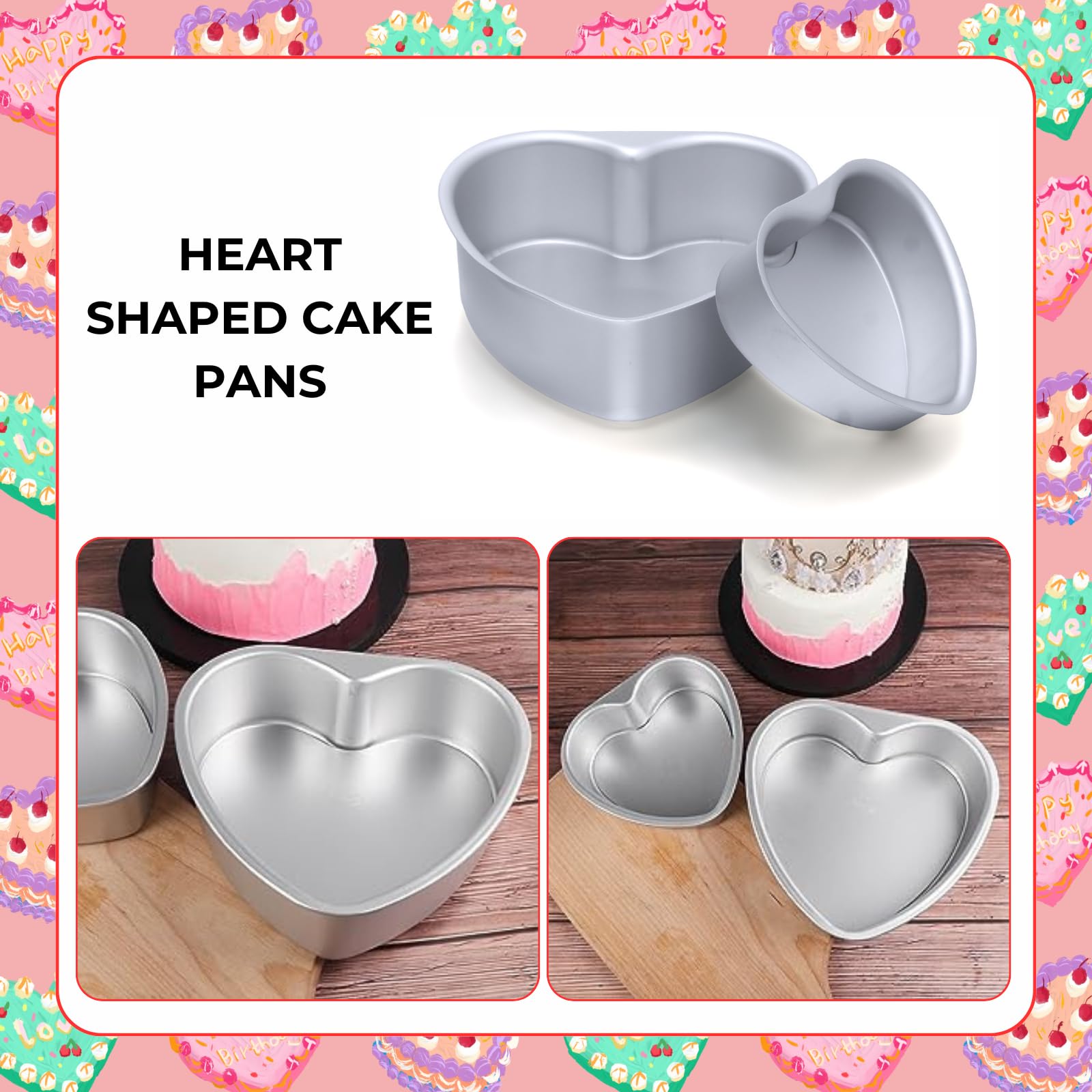 Beyonday 2Pcs Heart Shaped Cake Pan With Removable Bottom, 6 Inch & 8 Inch Aluminum Alloy Cake Trays For Birthday Party Wedding