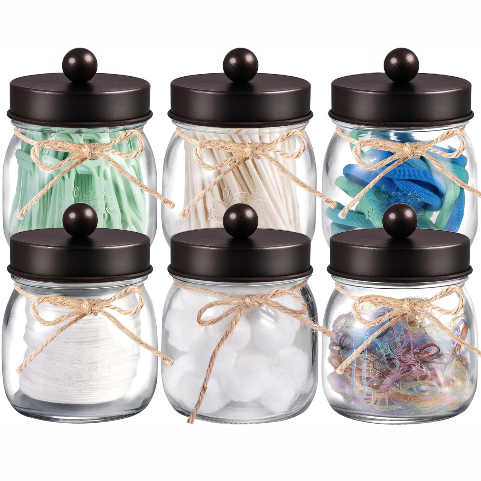 6 Pack Apothecary Jars Set Mason Jar Decor Bathroom Vanity Storage Organizer Canister Glass Qtip Holder Dispenser for Qtips Cotton Swabs Ball bathoom Accessories - Stainless Steel Lid (Bronze)