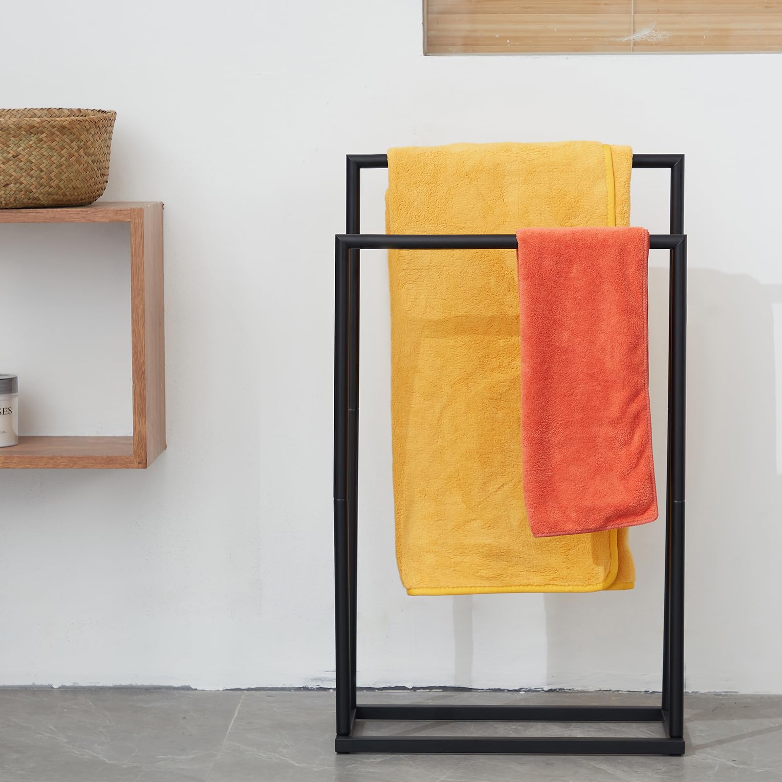 DECLUTTR Free Standing Towel Rack - 2 Tier Stainless Steel, Matt Black, Model STR10-B, Outdoor Towel Drying Rack with Storage Shelves