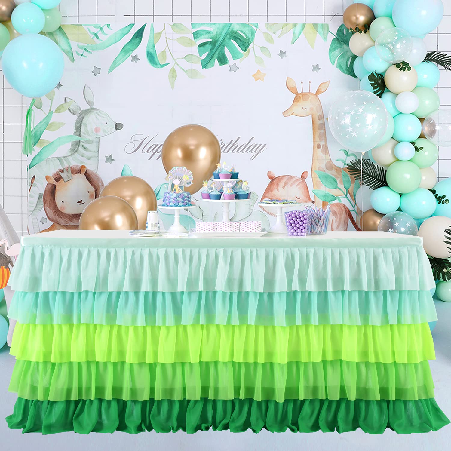 Hawaiian Green Table Skirts Ruffled Tutu Tablecloth For St. Patrick 'S Day Luau Hawaiian Tropical Beach Party Island Theme Decor