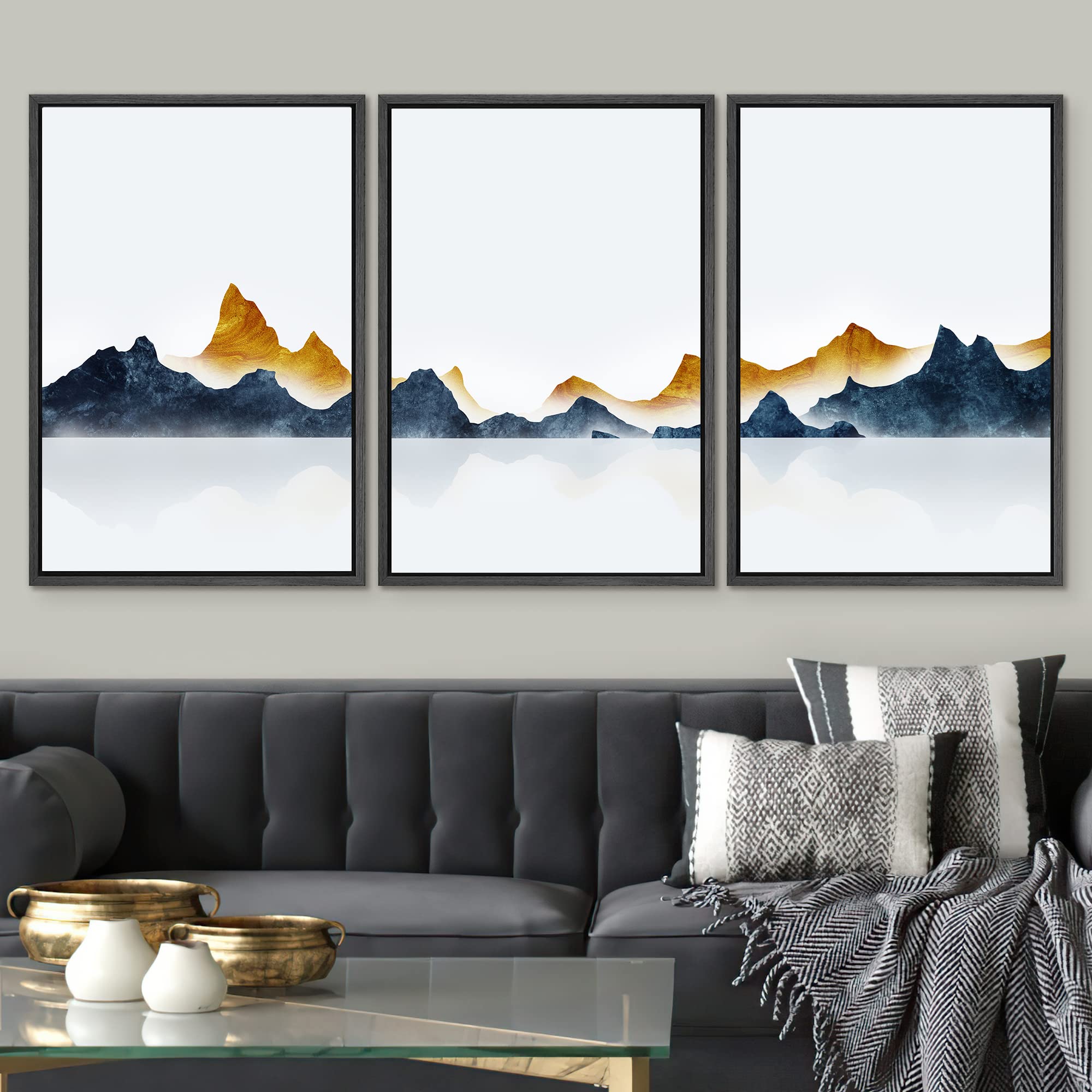 Signwin Framed Canvas Print Wall Art Set Gold Teal Duotone Mountain Ranges Nature Wilderness Illustrations Modern Art Decorative