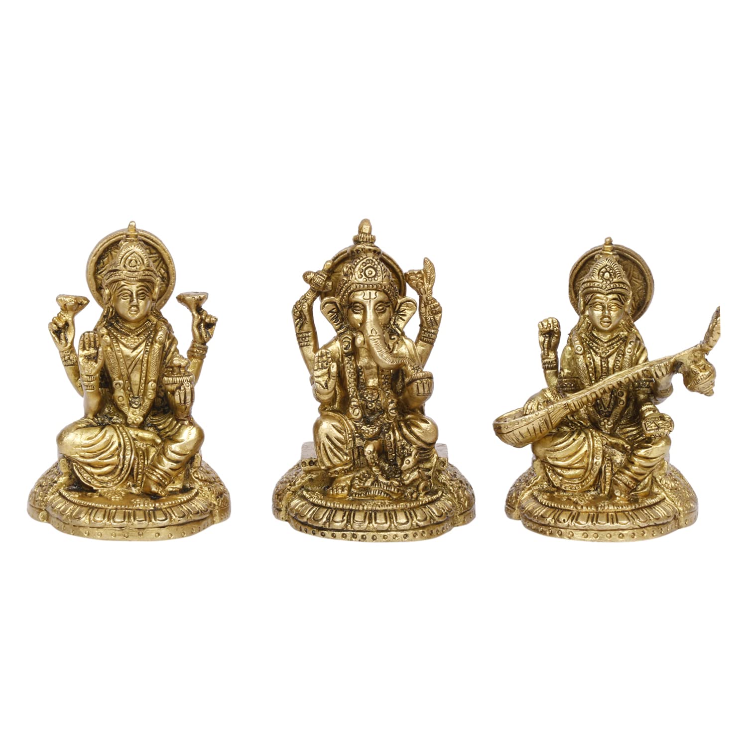Kartique Brass Laxmi Saraswati Ganesh Metal Statue Of Bhagwan Idol Ganpati Murti For Home Office Success Entrance Decor Pooja Gi