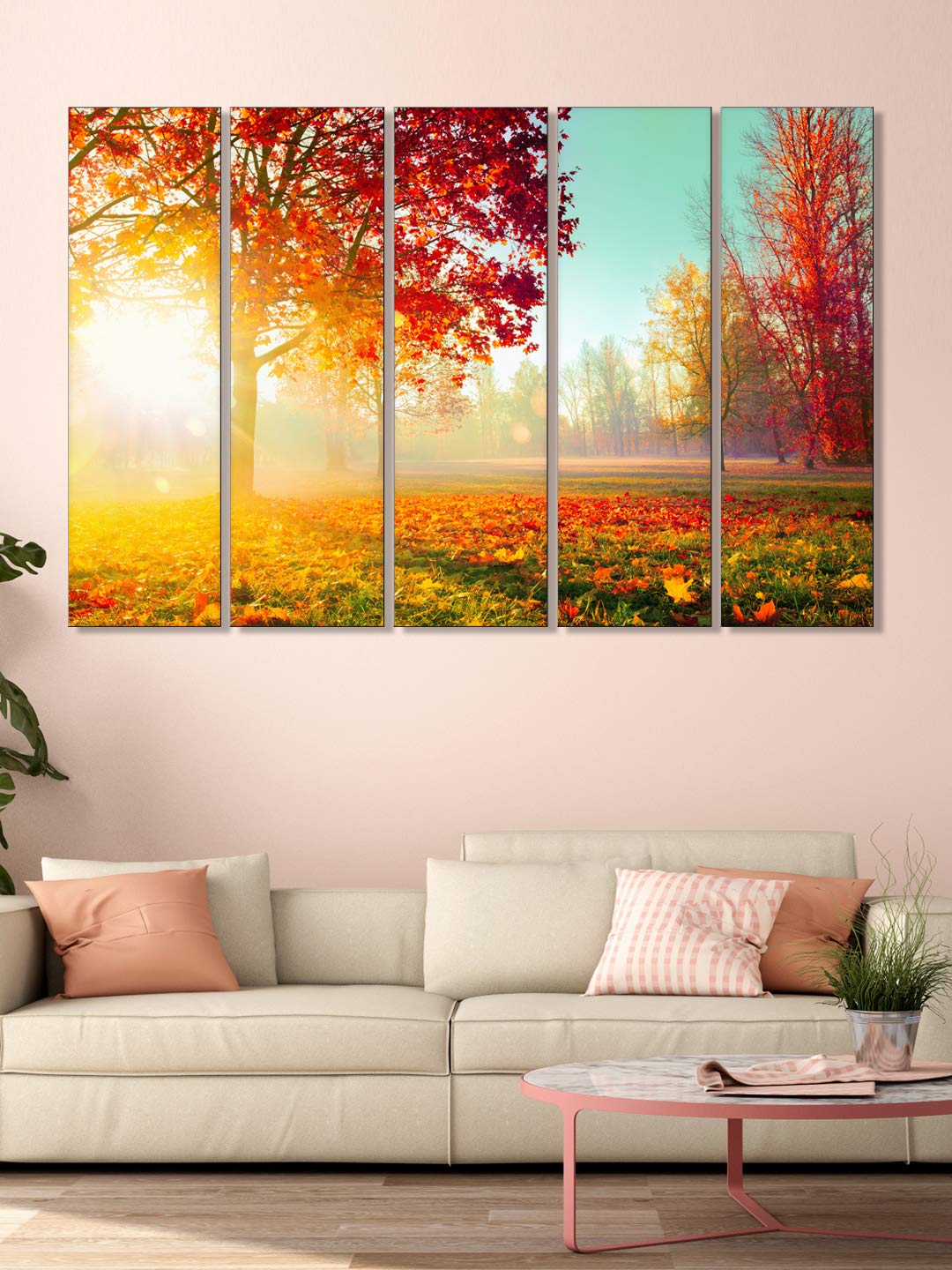 999Store Wall Decor For Living Room Wooden Frame Paintings For Home Decor Autumn Red Leaves Tree Wall Art Panels Set Of 5 Frames