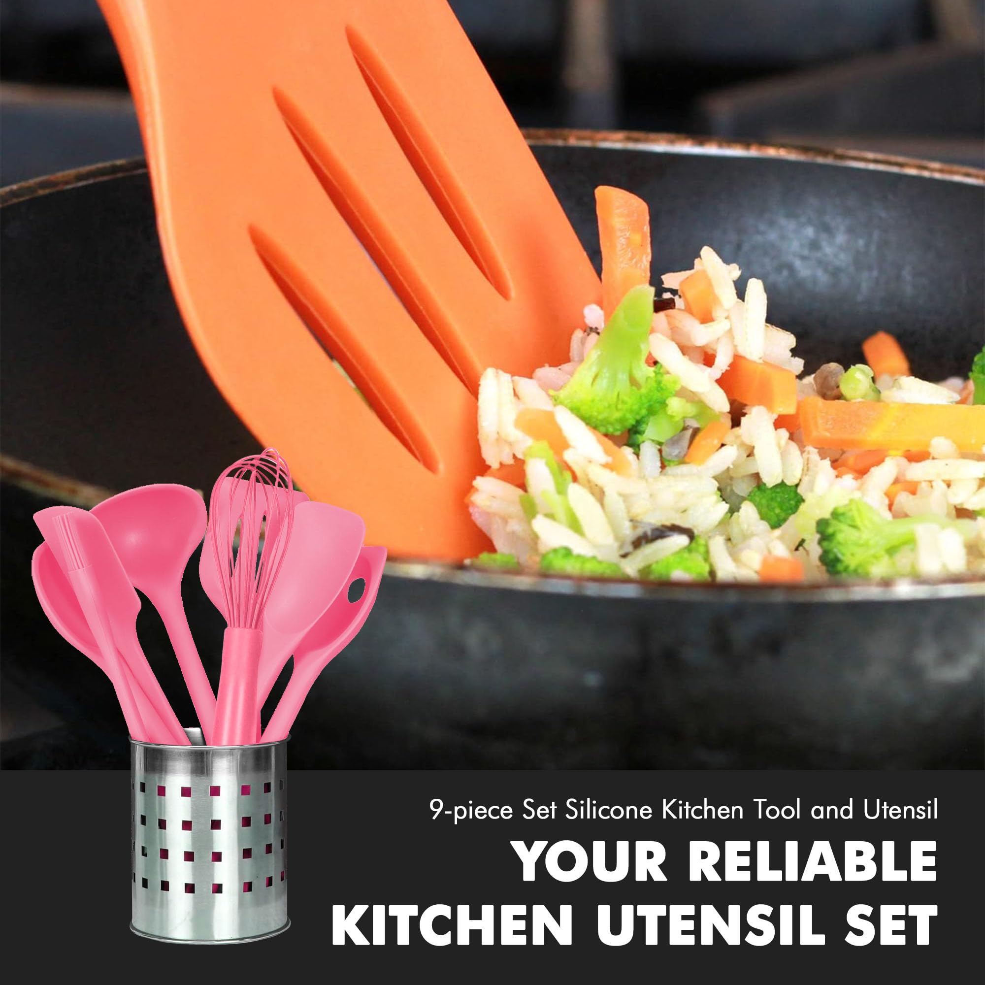 Chef Craft Premium Silicone Kitchen Tool And Utensil, 9 Piece Set, Pink