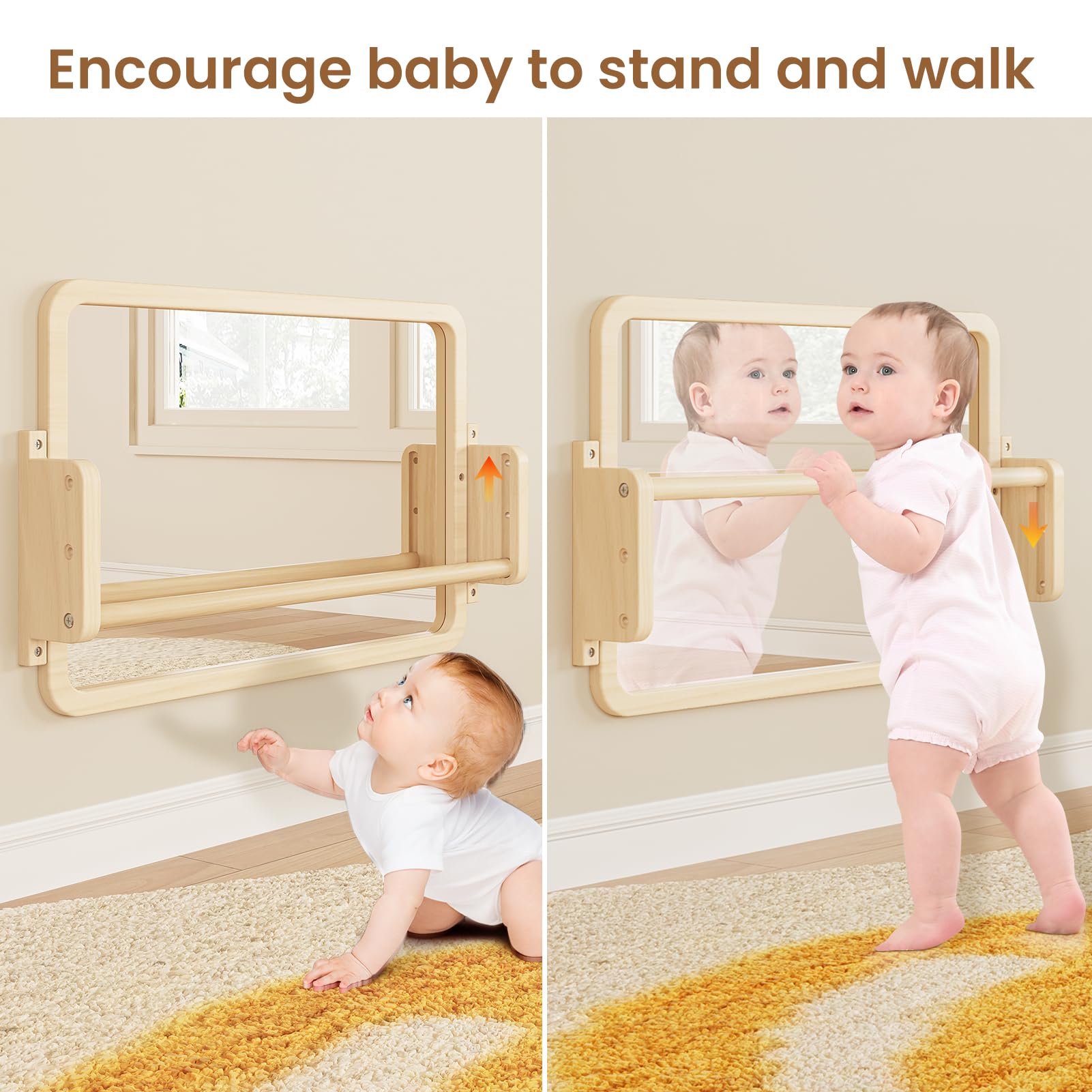 Woodtoe 3-in-1 Montessori Mirror with Bar, Adjustable Toddler Mirror & Pull Up Bar, Montessori Learning Toy for Baby 6-18 Months