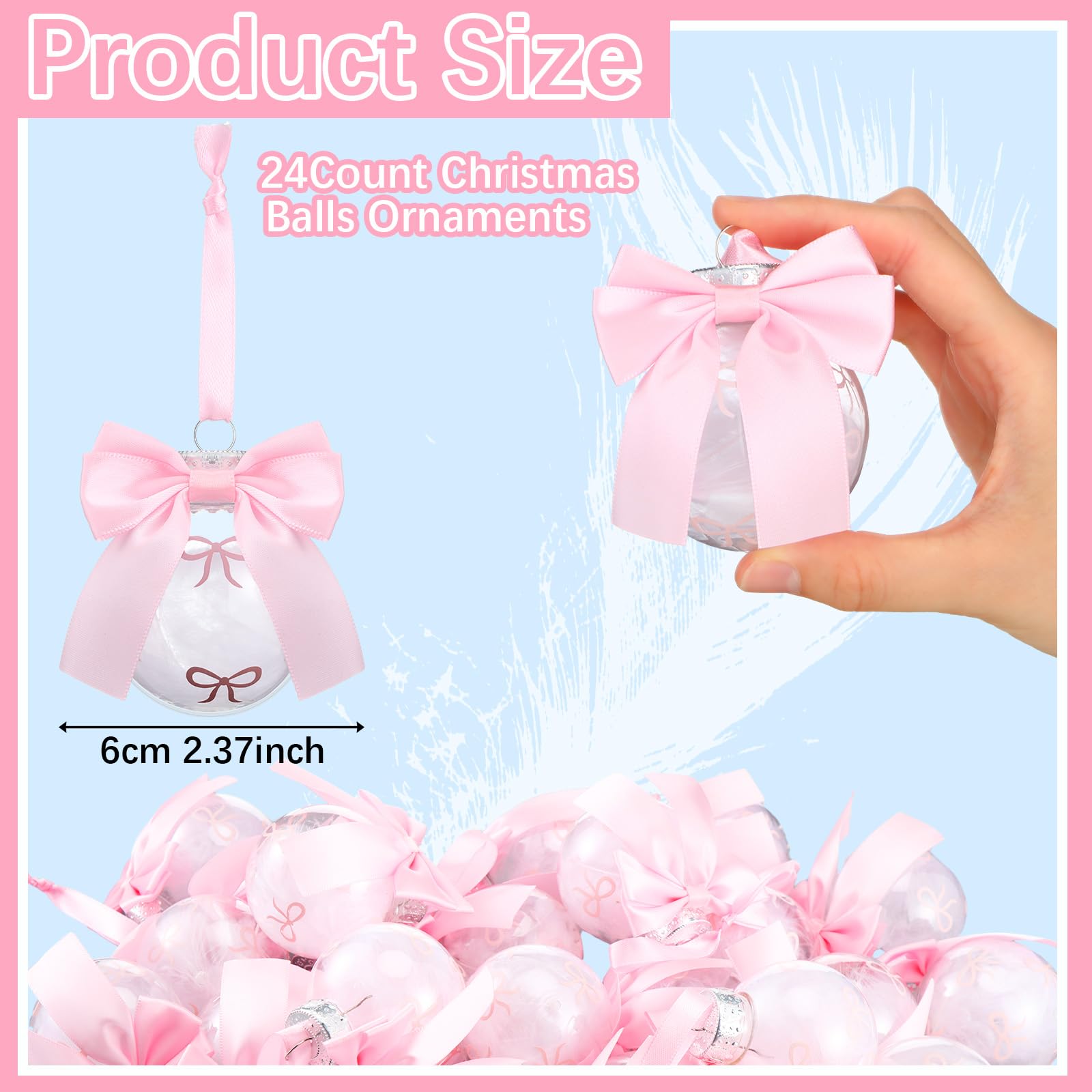 Soulchen 24 Pcs Pink Bow Christmas Tree Ornament Plastic Coquette Christmas Balls with Pink Stain Ribbon Bow Cute Decorative Han