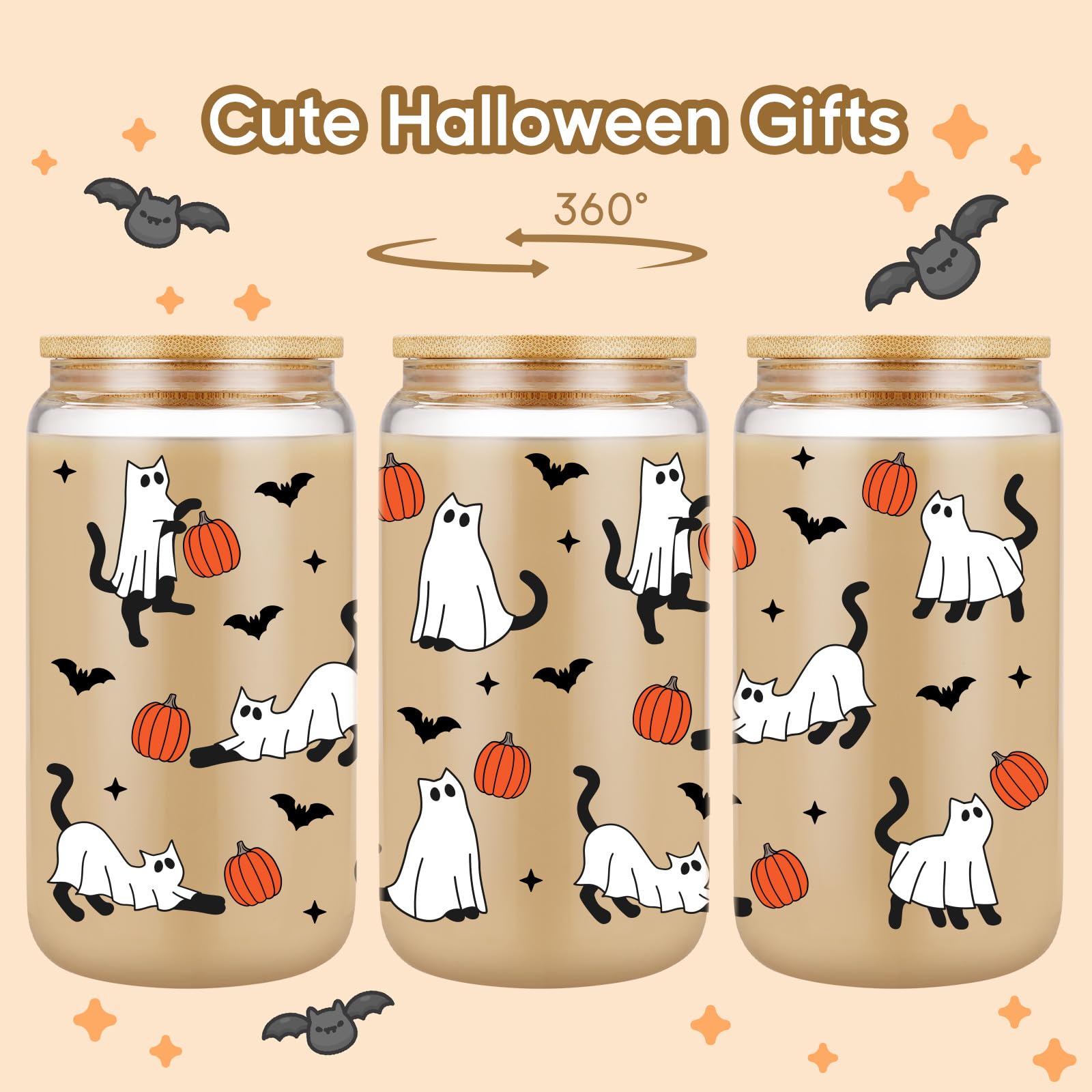 Fairy'S Gift Halloween Ghost Cat Iced Coffee Cup, Halloween Cat Pumpkin Glass Tumbler, 16 Oz Halloween Glass Cup With Lid Straw,