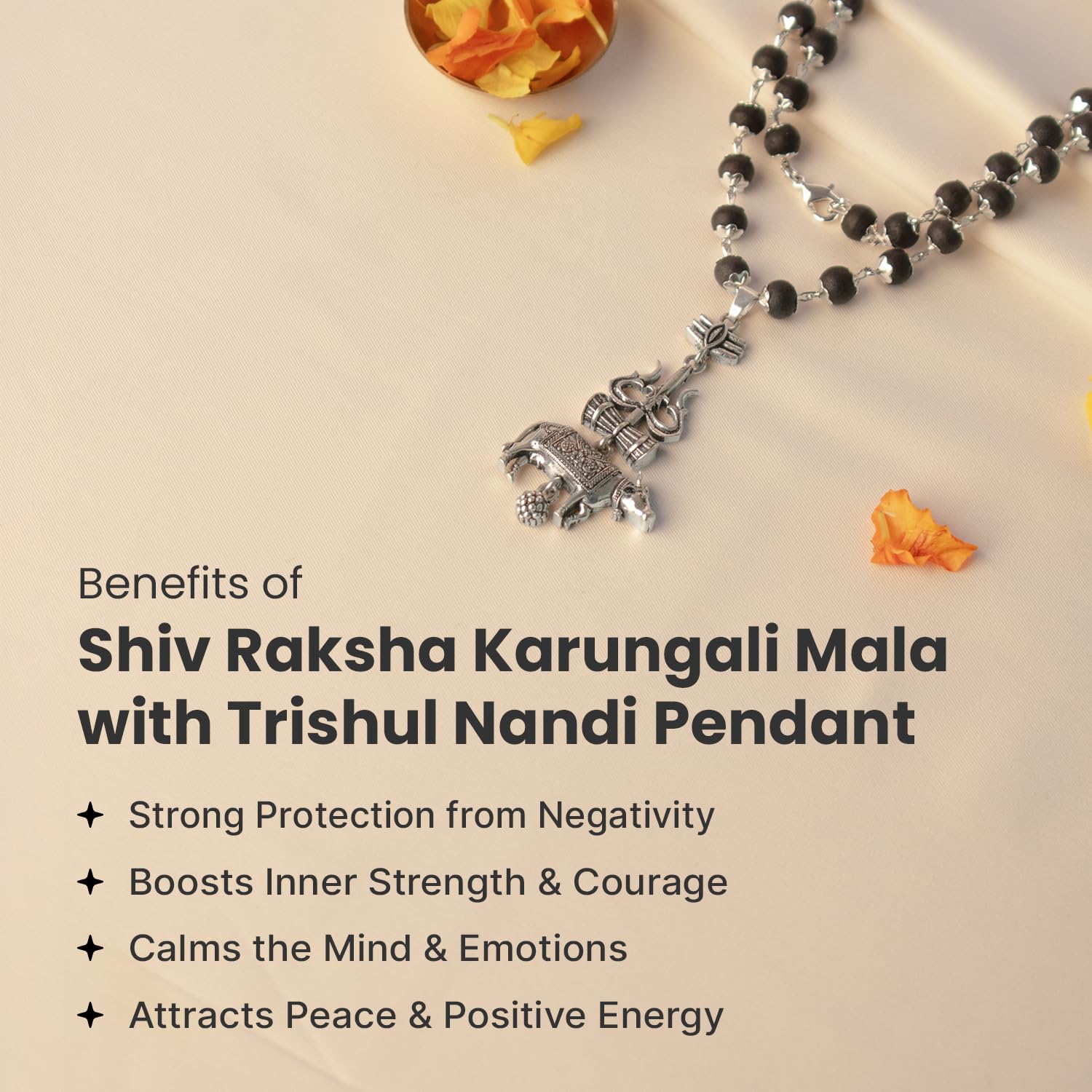7Mm Silver Capped Karungali Mala With Shiv Third Eye Trishul Damru With Nandi Brass Pendant
