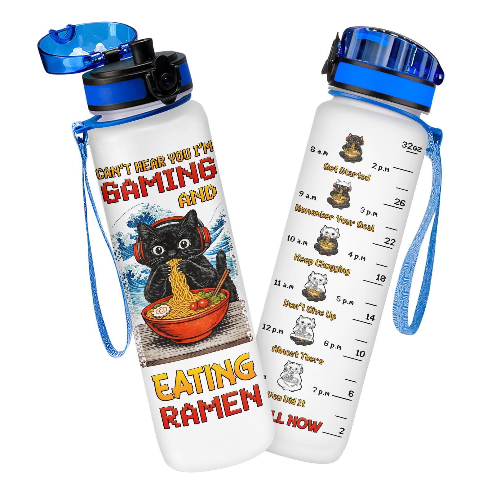 GEPOSTORE Funny Gamer Cat Water Bottle with Time Marker - 32oz Motivational Sports Bottle - Cant Hear You Im Gaming and Eating