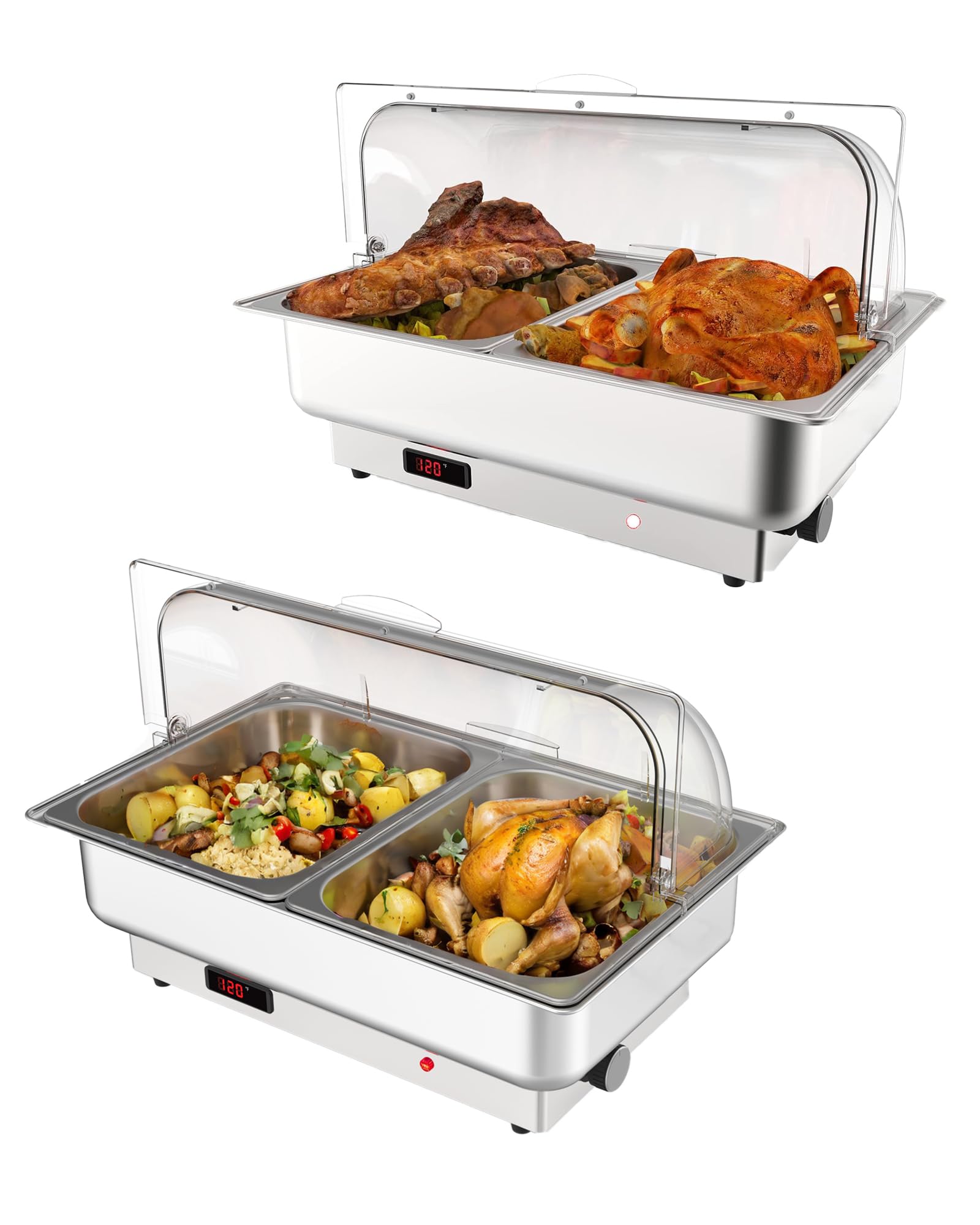 2 Pack Electric Chafing Dishes Adjustable Temp Roll Top Food Warmer with 2 x 4.5 QT Size Pans, Stainless Steel Buffet Servers an
