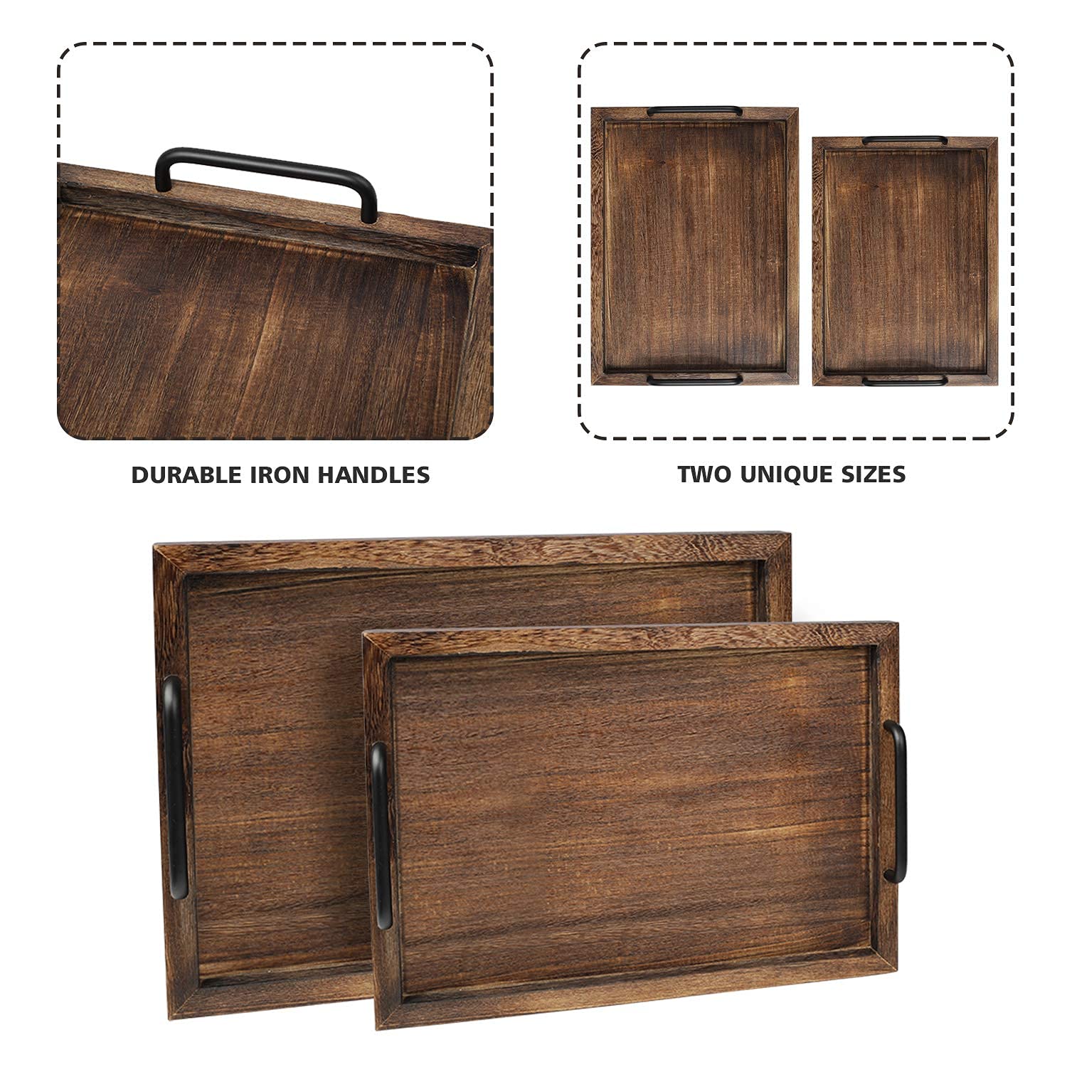 Libwys Rustic Wooden Serving Trays With Handle-Set Of 2-Decorative Nesting Food Board Platters For Breakfast, Coffee Table/Butle