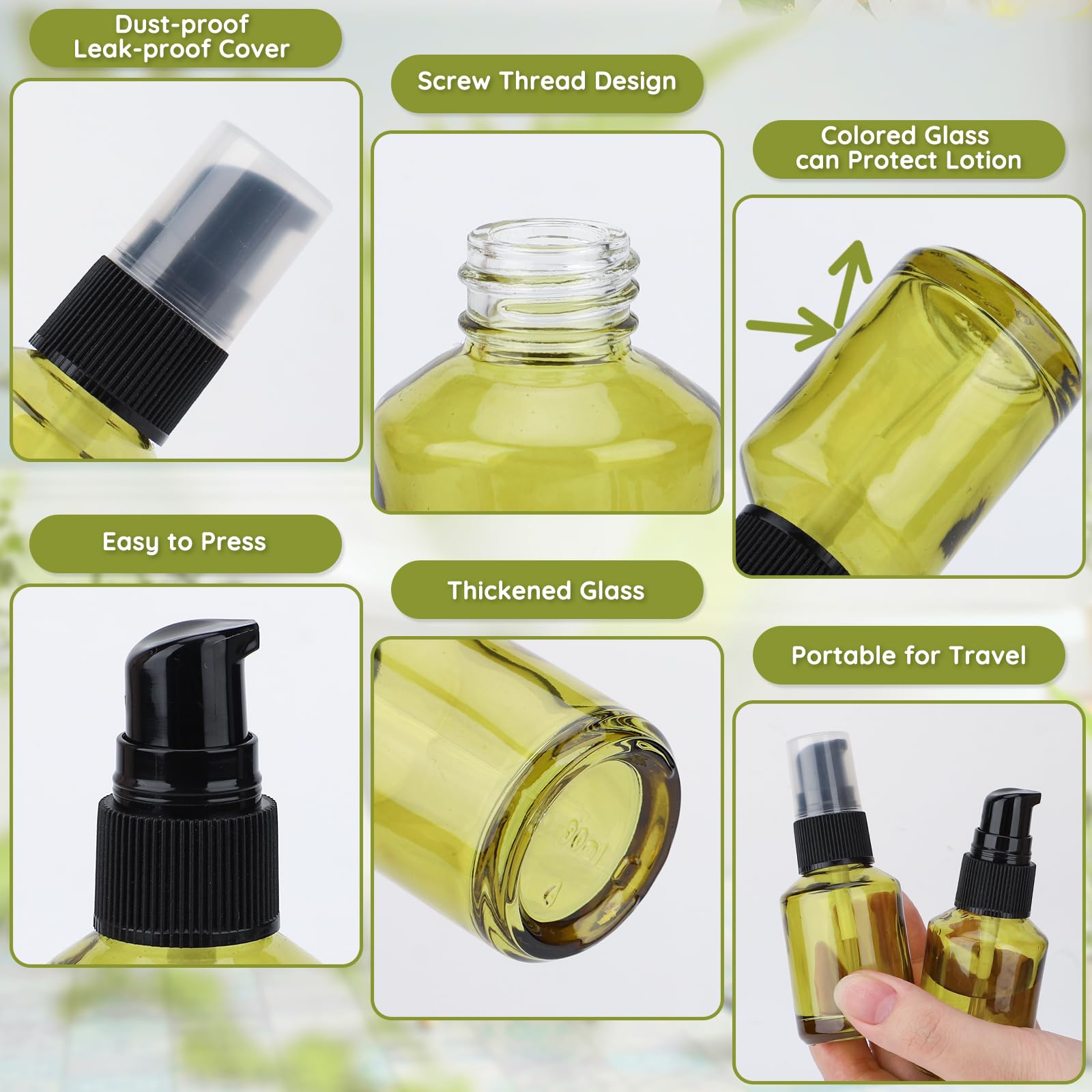 Segbeauty 3pcs Refillable Glass Creams Lotions Bottles, 0.5oz Empty Travel Glass Pump Bottle Lotion 1oz Lotion Pump Bottle Dispe