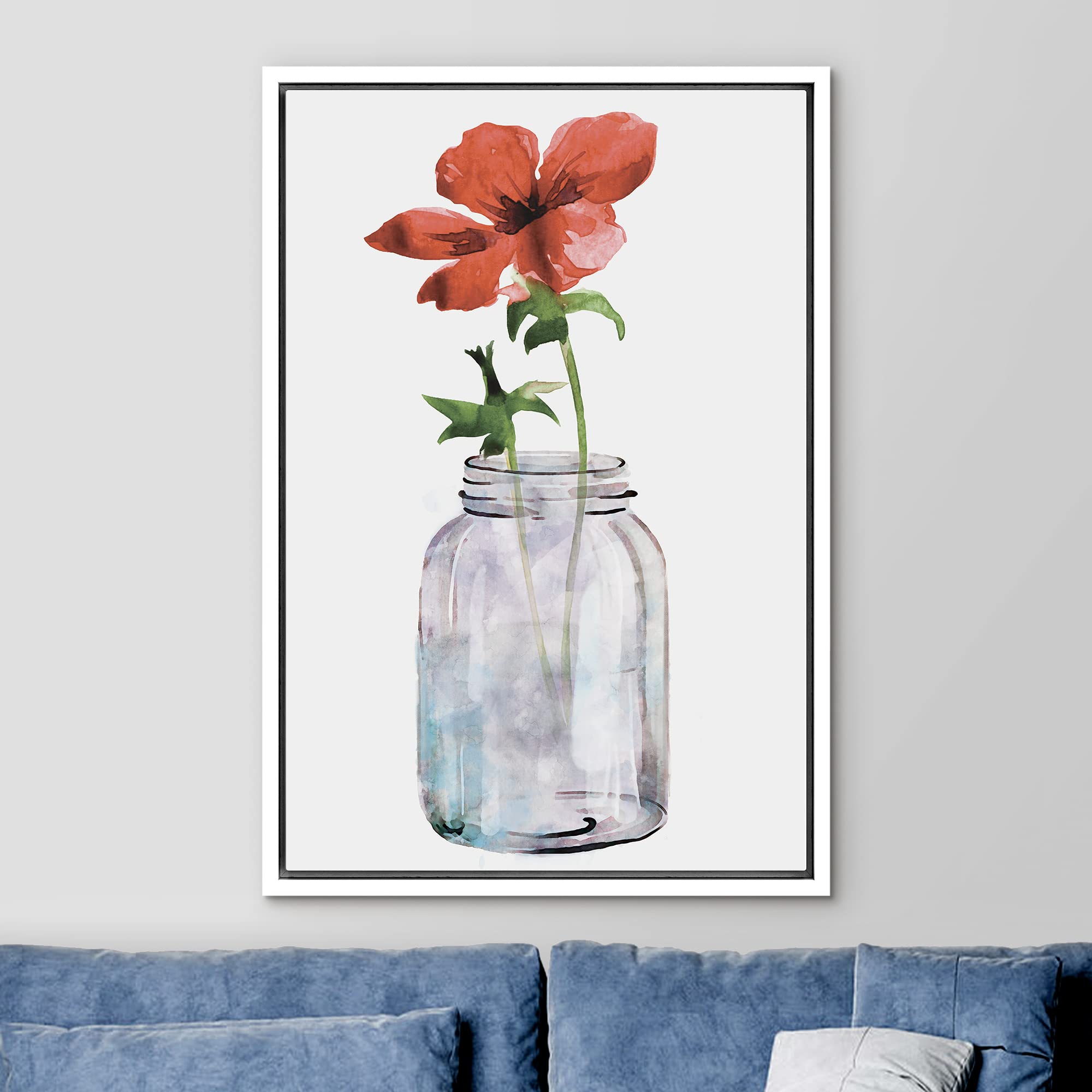 Ashbrook Framed Canvas Print Wall Art Watercolor Red Daisy Flower In Glass Vase Floral Botanical Illustrations Modern Rustic Sce