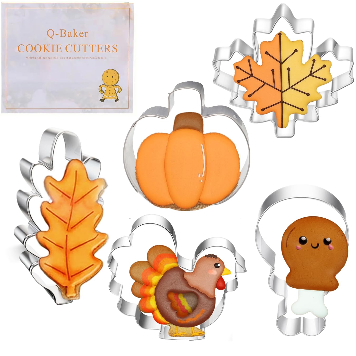 5 Piece Large Fall Thanksgiving Cookie Cutter, Holiday Cookie Cutters With Recipe Instruction Shapes Of Maple Leaf, Turkey, Chic
