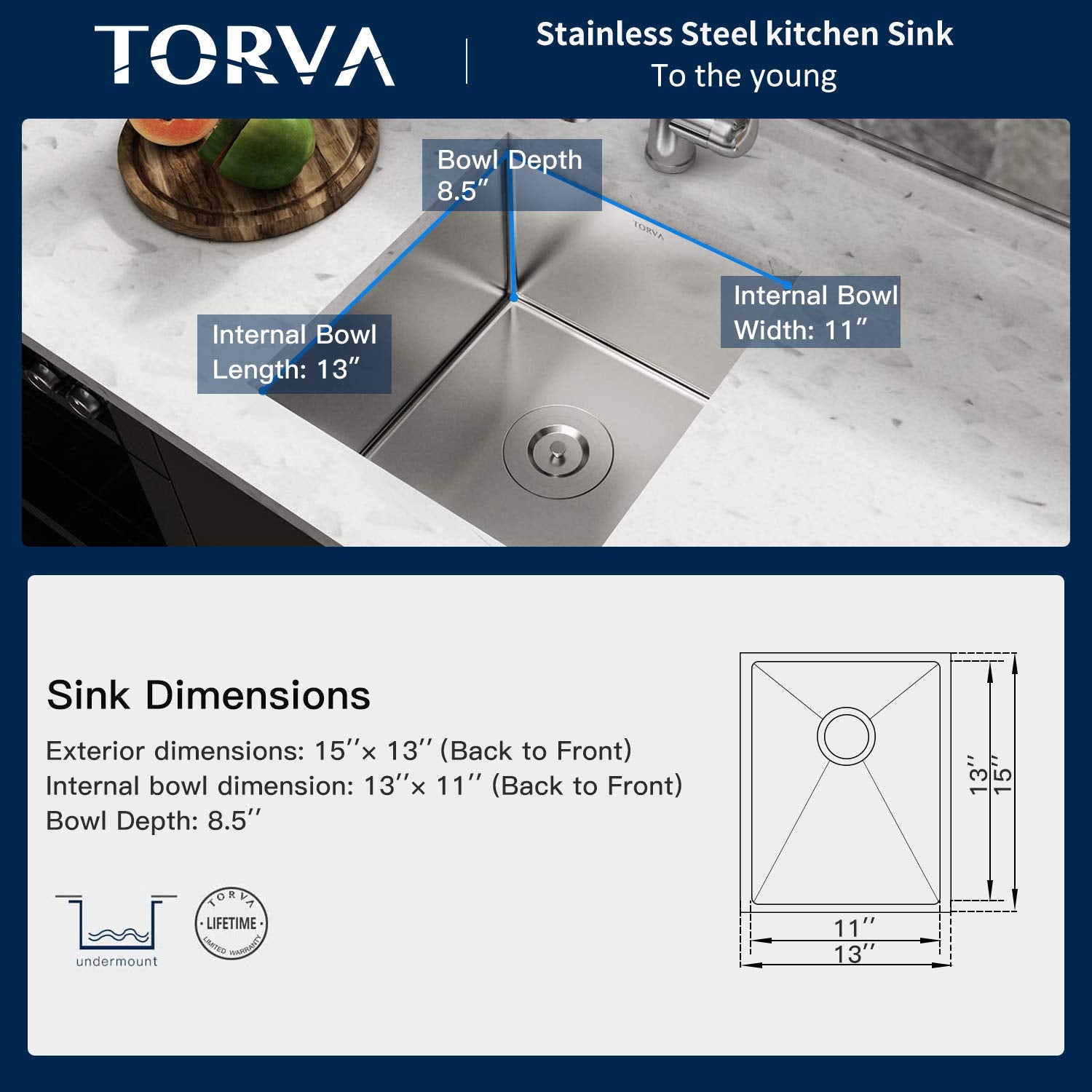 Bar Sink  TORVA 13 x 15 Inch Undermount Kitchen Sink  16 Gauge Stainless Steel Bar or Prep Sinks Single Bowl
