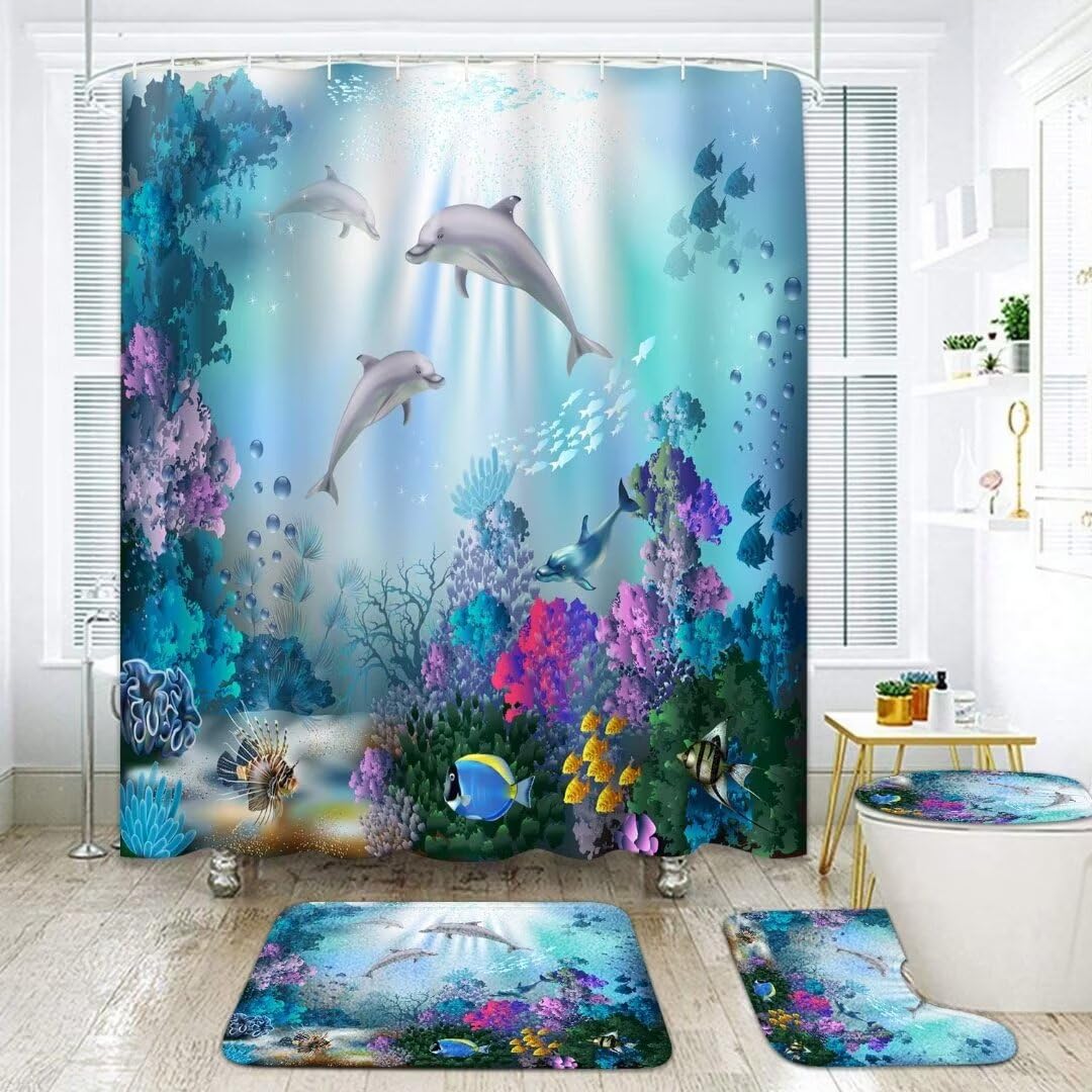 Yizheer 4Pcs Sea Dolphin Shower Curtain Sets With Rugs,Toilet Lid Cover And Bath Mat, Haunted House Shower Curtains Bathroom Dec