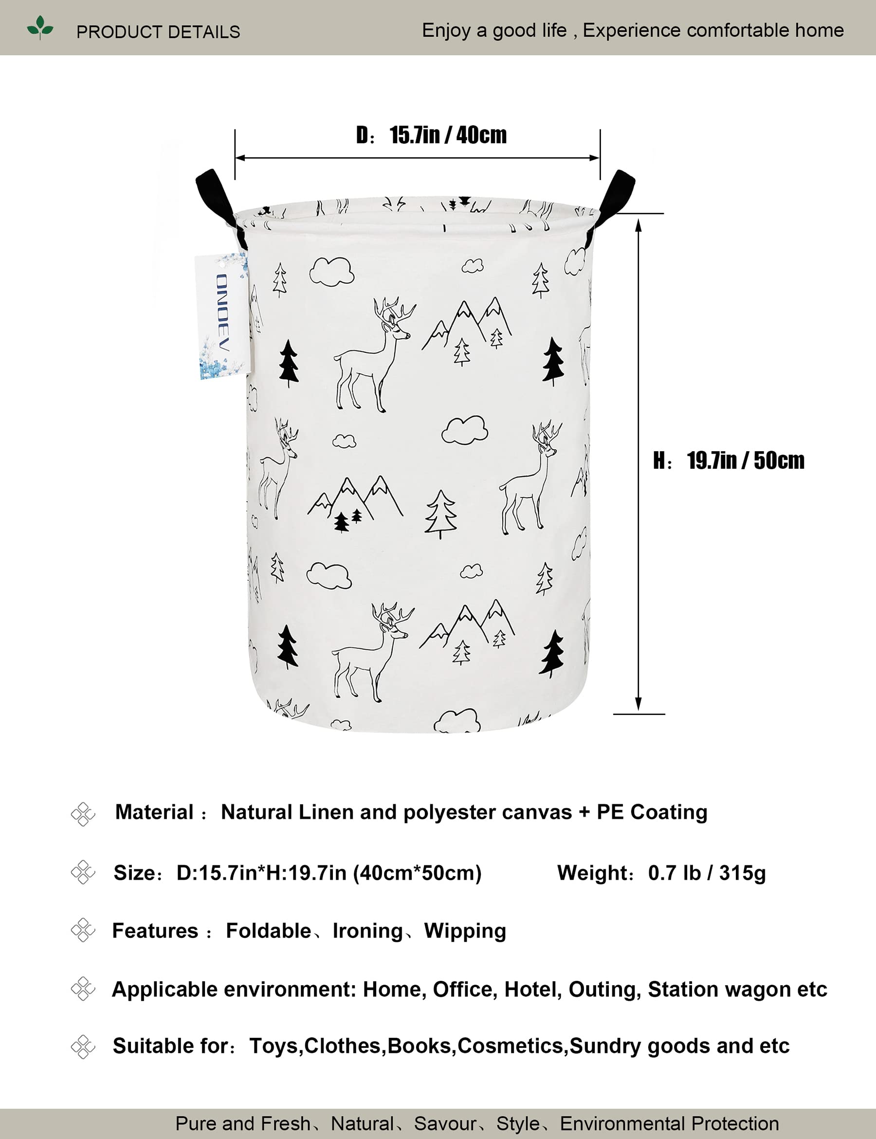 ONOEV Round Fabric Storage Bin Decorative Basket Organizer Basket with Handles for Clothes Storage books and sundries(Forest deer)  19.7inch(H) x 15.7inch(D)