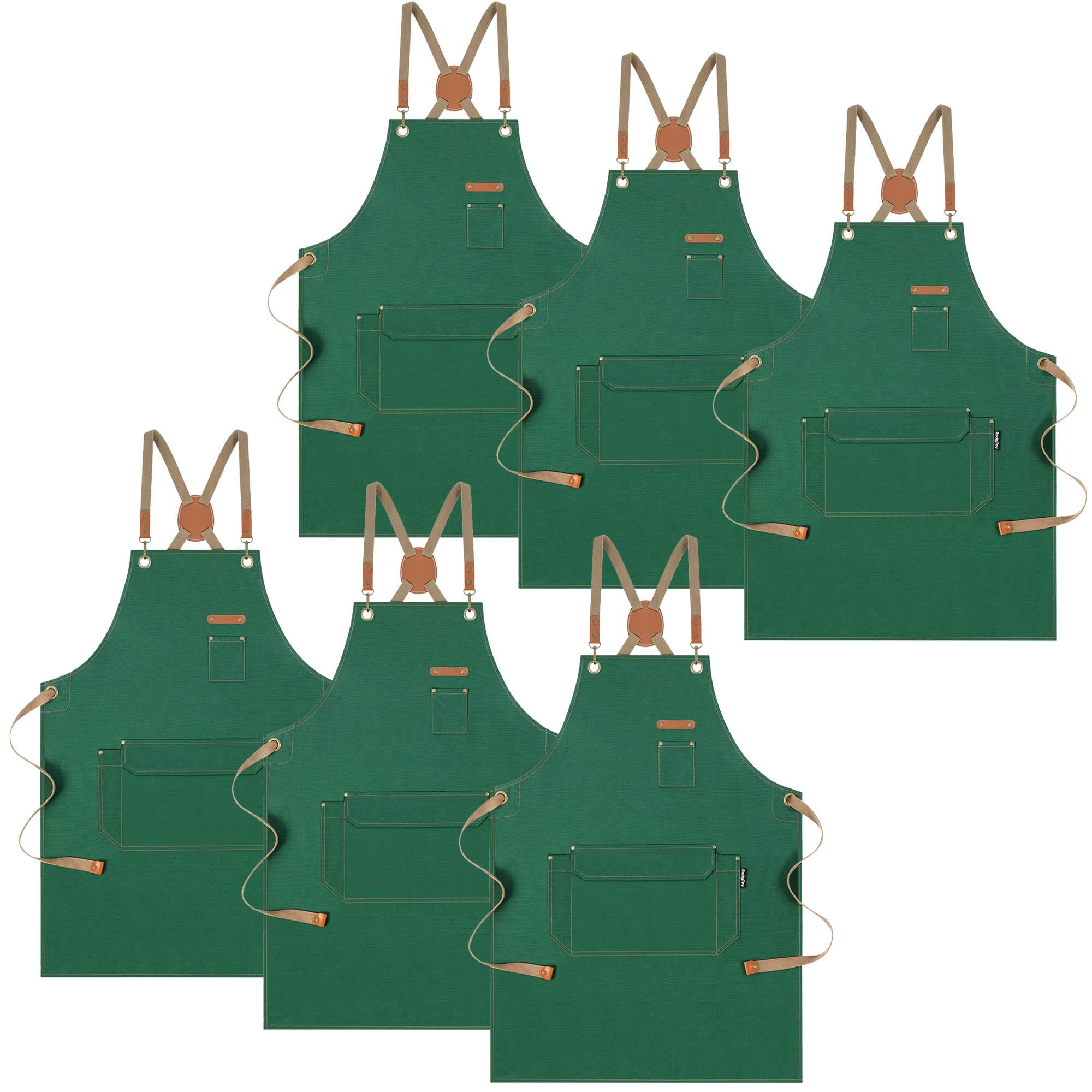 Rockytoy Chef Apron With Cross Back Straps For Men Women, Cotton Canvas Apron For Artists Painting, Kitchen Cooking (Green 6Pack