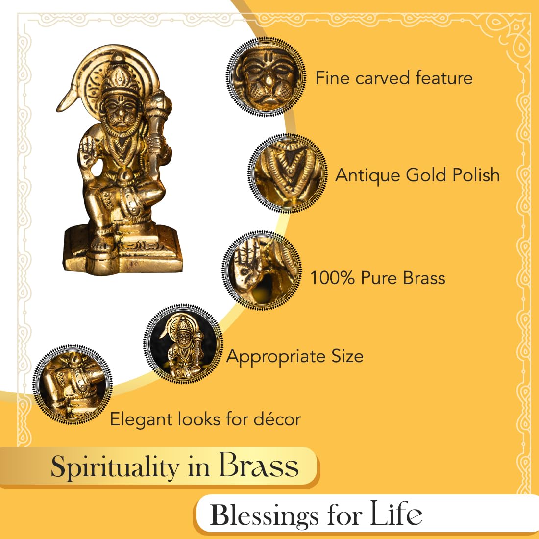 Ekhasa 100% Pure Brass Hanuman Ji Murti (Size: 8.4 cm) | Lord Hanuman Idol for Home Puja, Office Desk and Car Dashboard | Balaji