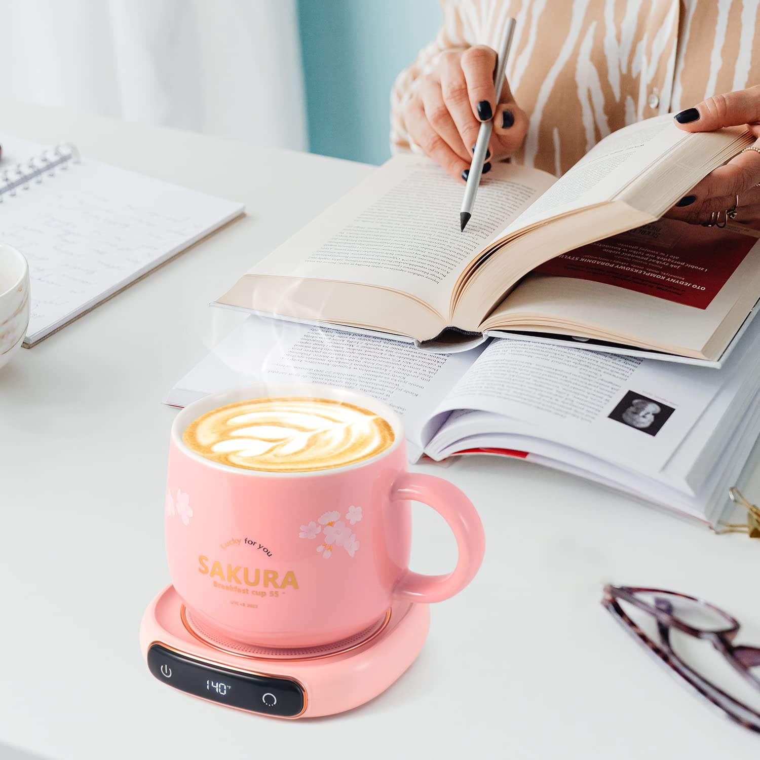 Bsigo Electric Led Display Smart Coffee Mug Warmer & Cute Cat Mug Set, Beverage Cup Warmer For Desk, Warmer Plate For Milk Tea W