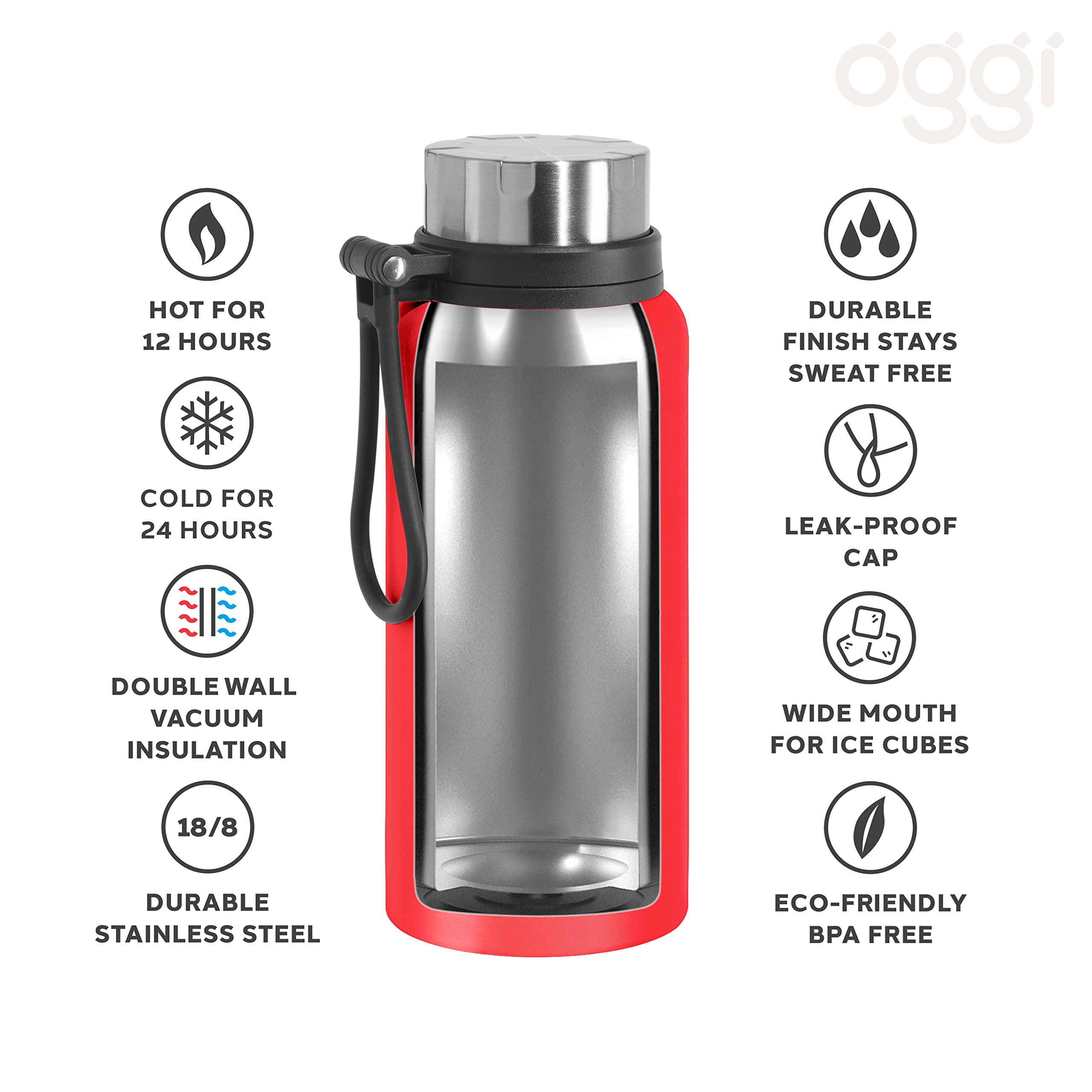 Oggi Terrain Insulated Stainless Steel Water Bottle - Large 32-Ounce Capacity, Also Suitable For Coffee & Hot Drinks, Red