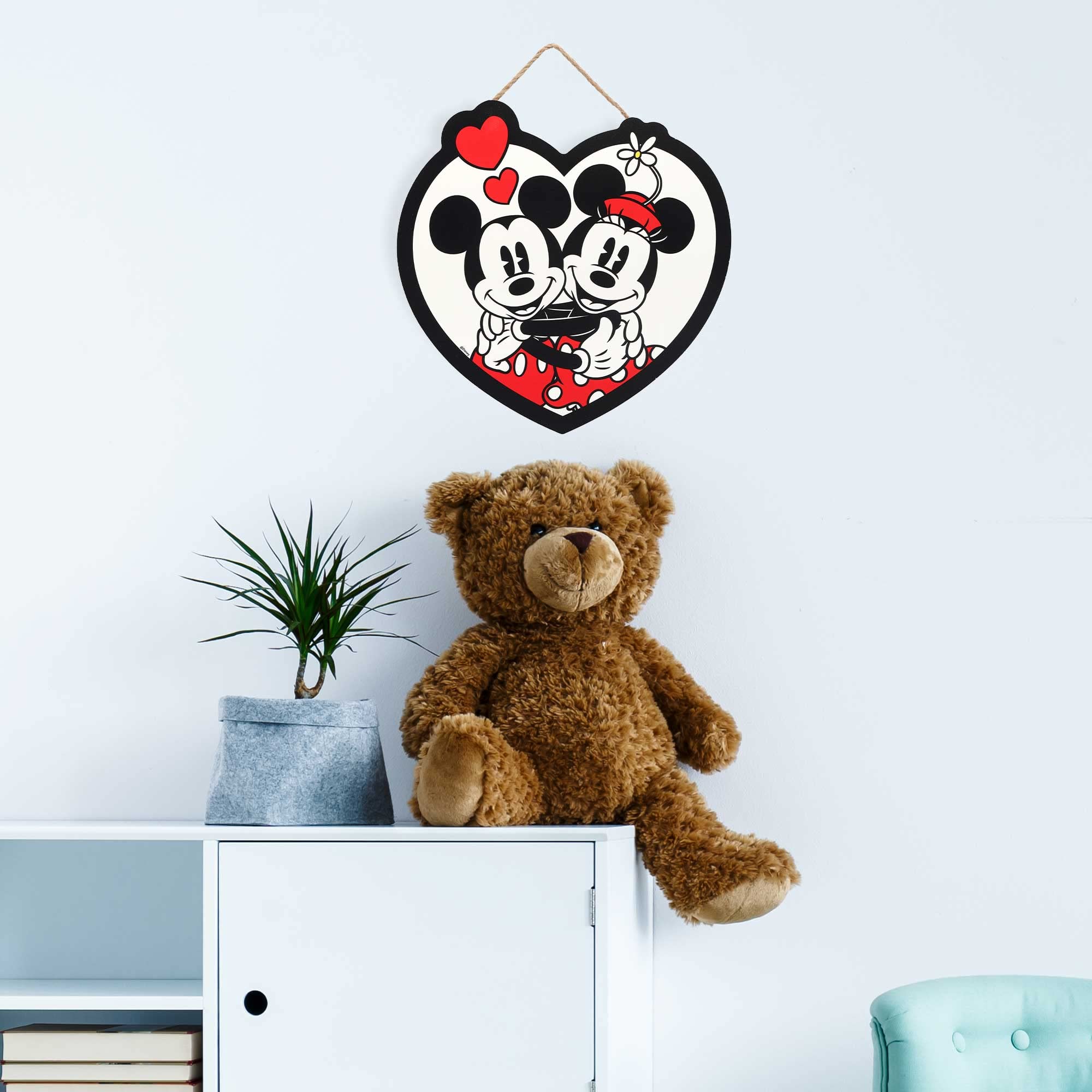 Open Road Brands Disney Mickey Mouse and Minnie Mouse Hanging Wood Sign - Heart Shaped Mickey Mouse Wall Art