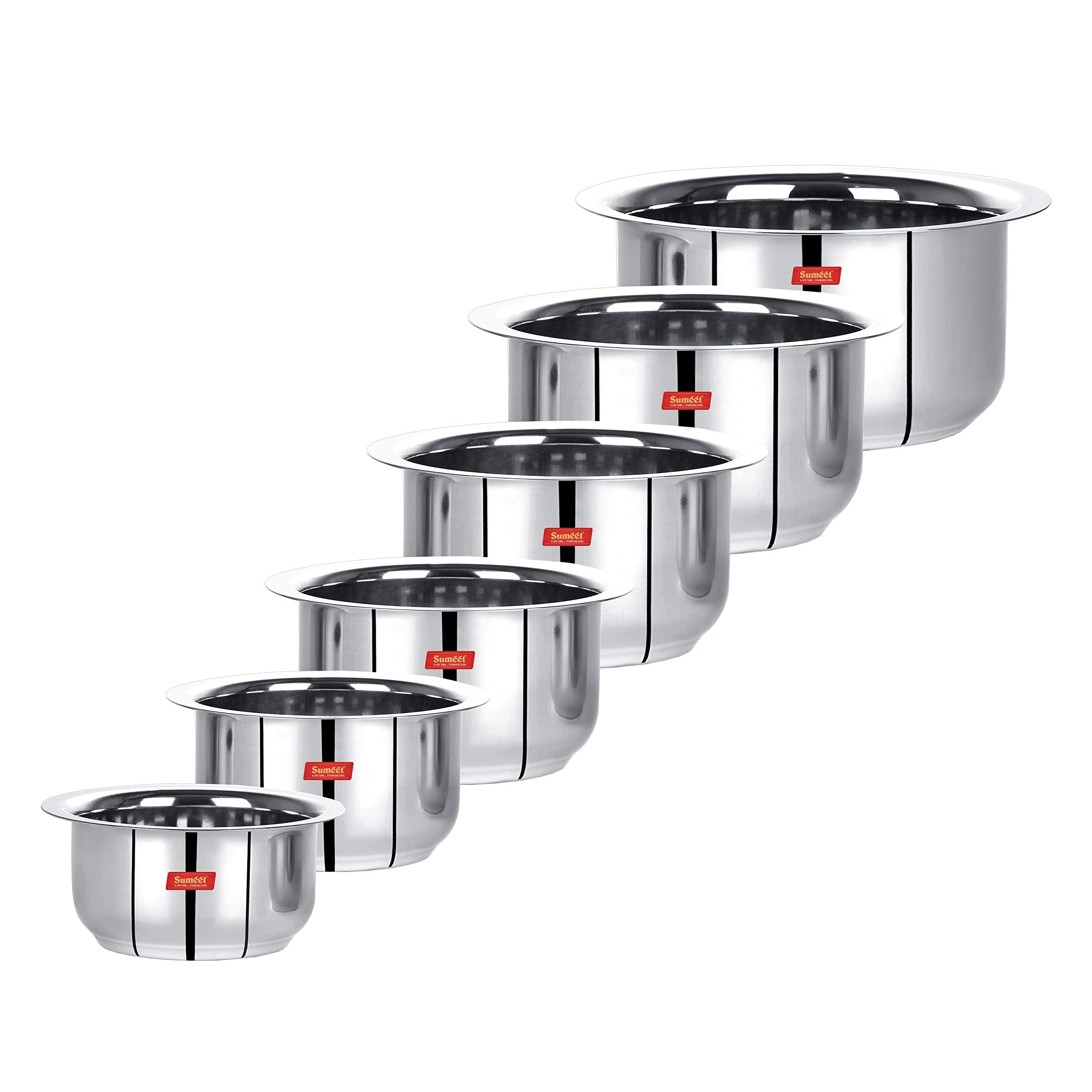 Sumeet Stainless Steel Tope/Patila/Cookware, 370Ml, 550Ml, 800Ml, 1100Ml,1400Ml, 1800Ml, 6 Piece (Steel)