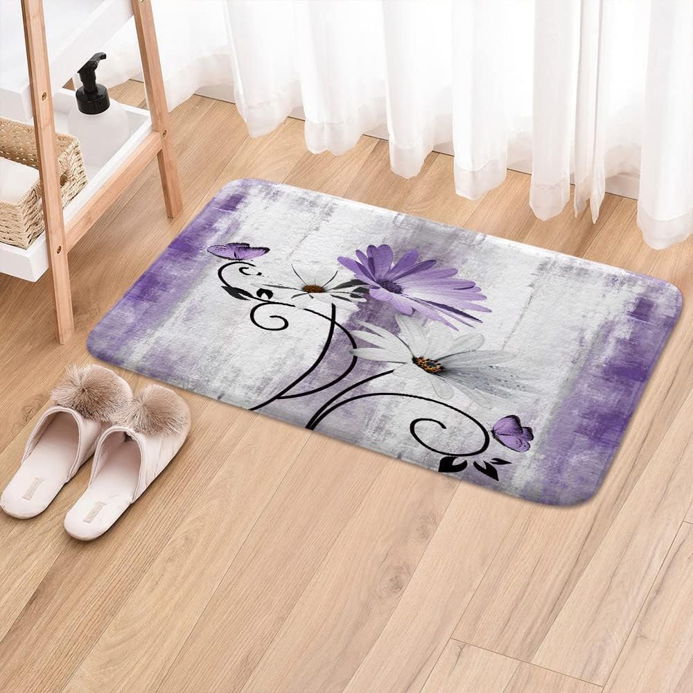 Veivian Rustic Farmhouse Bath Mat, Farm Purple Daisy Floral Flowers Butterfly Country Wooden Bath Rug For Bathroom, Grey White B