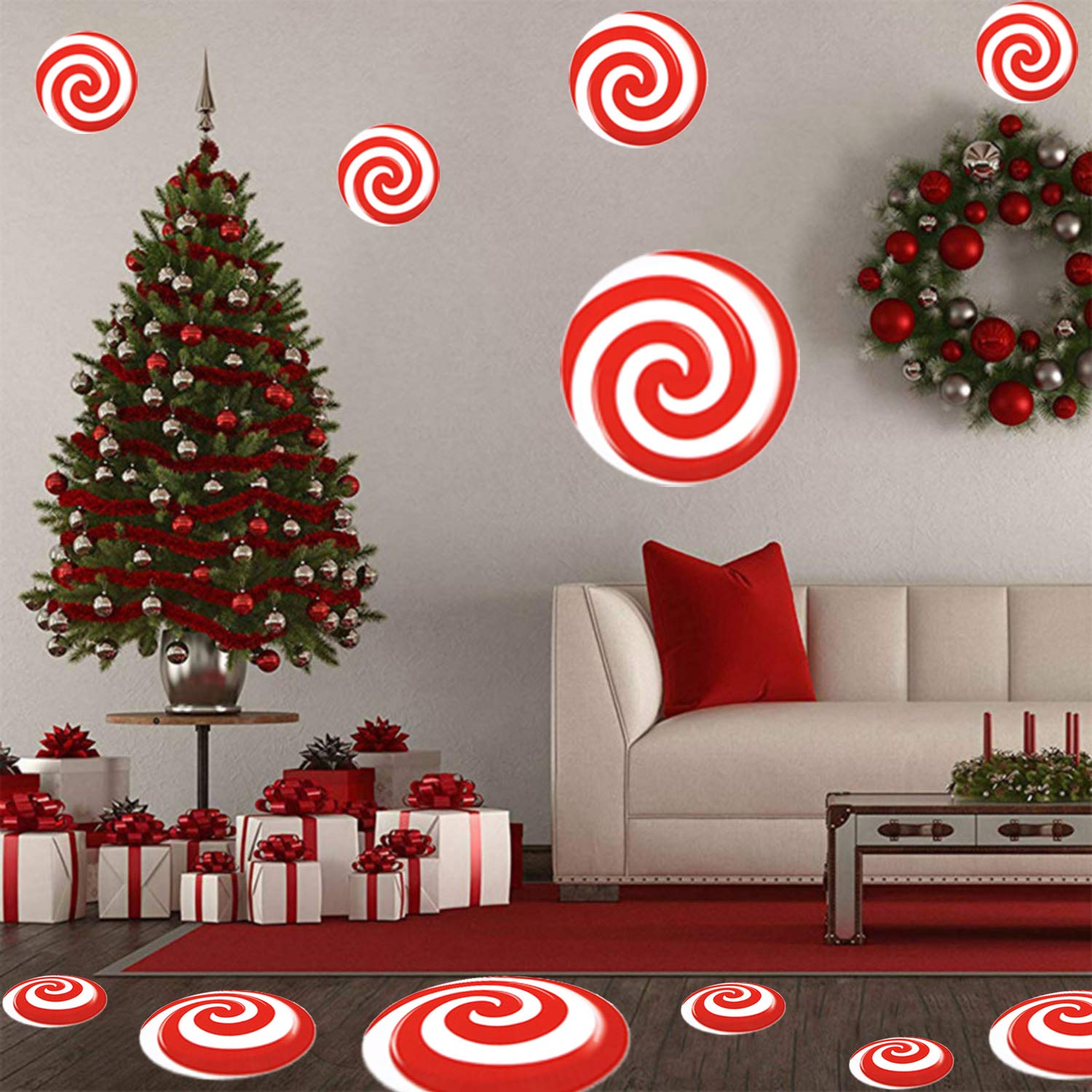 24 PCS Peppermint Floor Decals Stickers-3 Sizes Self-Adhesive Design Christmas Candy Stickers Floor Window Clings for Christmas Valentine's Day Candy Party Decorations