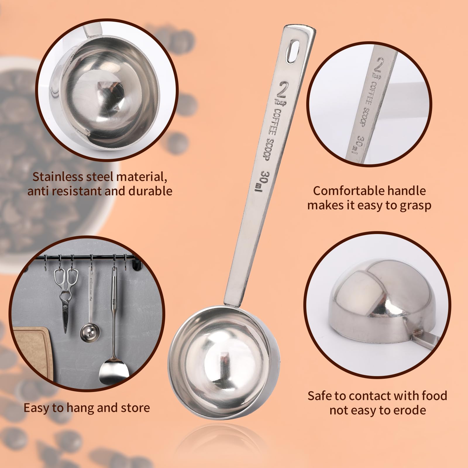 2 Pcs 2 Tablespoon Scoops With Long Handles, 30 Ml Stainless Steel Coffee Measuring Spoon Measuring 2 Tablespoons For Coffee Mil