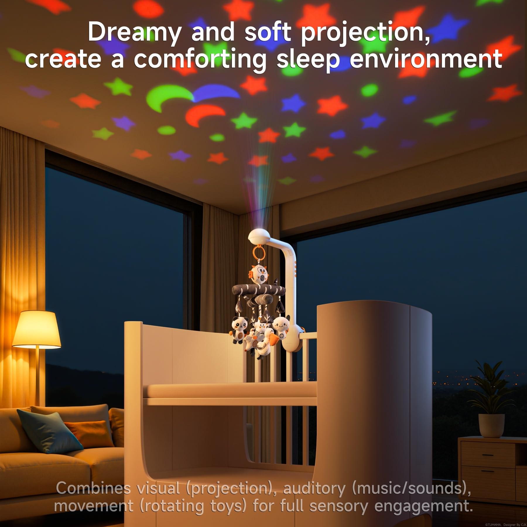 TUMAMA Baby Crib Mobile, High Contrast Baby Crib Toy with Projection Night Light, Music and White Noise, Soft Plush Animal Black