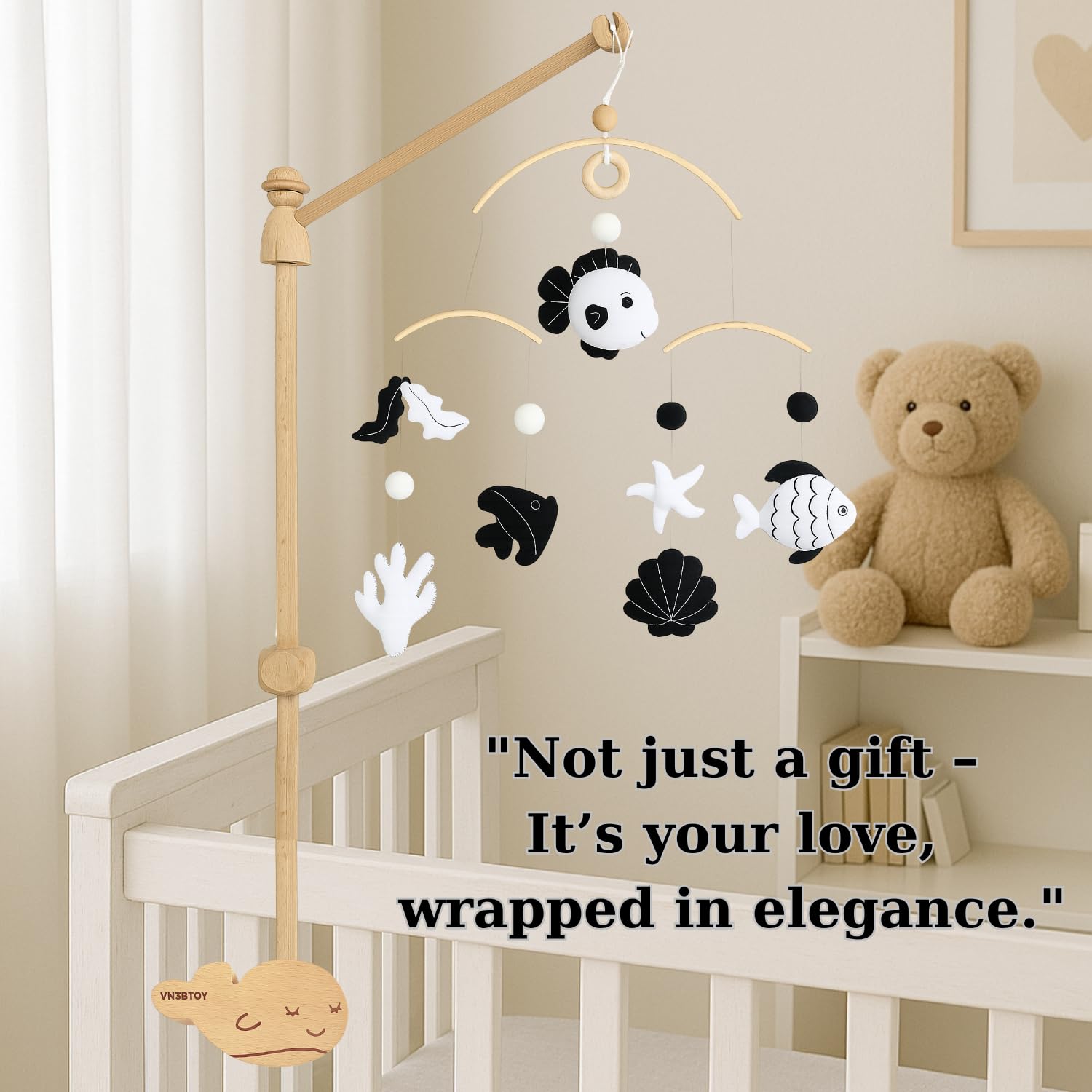 VN3BTOY High-Contrast Black & White Fish Montessori Baby Mobile for Crib, Adjustable Wooden Arm Holder, Easy Clip-On Nursery Dec