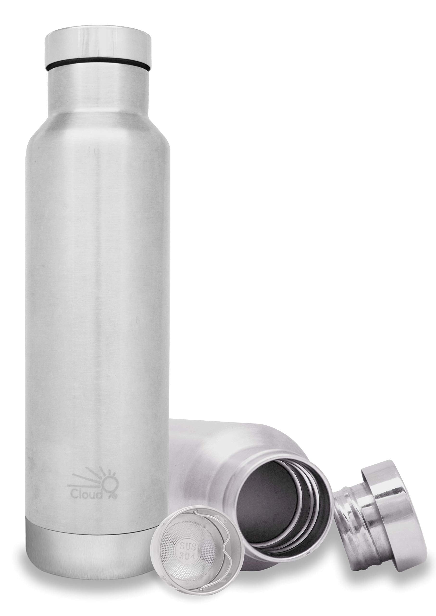 Cloud9 PlasticFree VacuumInsulated DoubleWall Thermal Stainless Steel Bottle With Tea/Fruit Strainer, 17 oz/500 ml (Silver)
