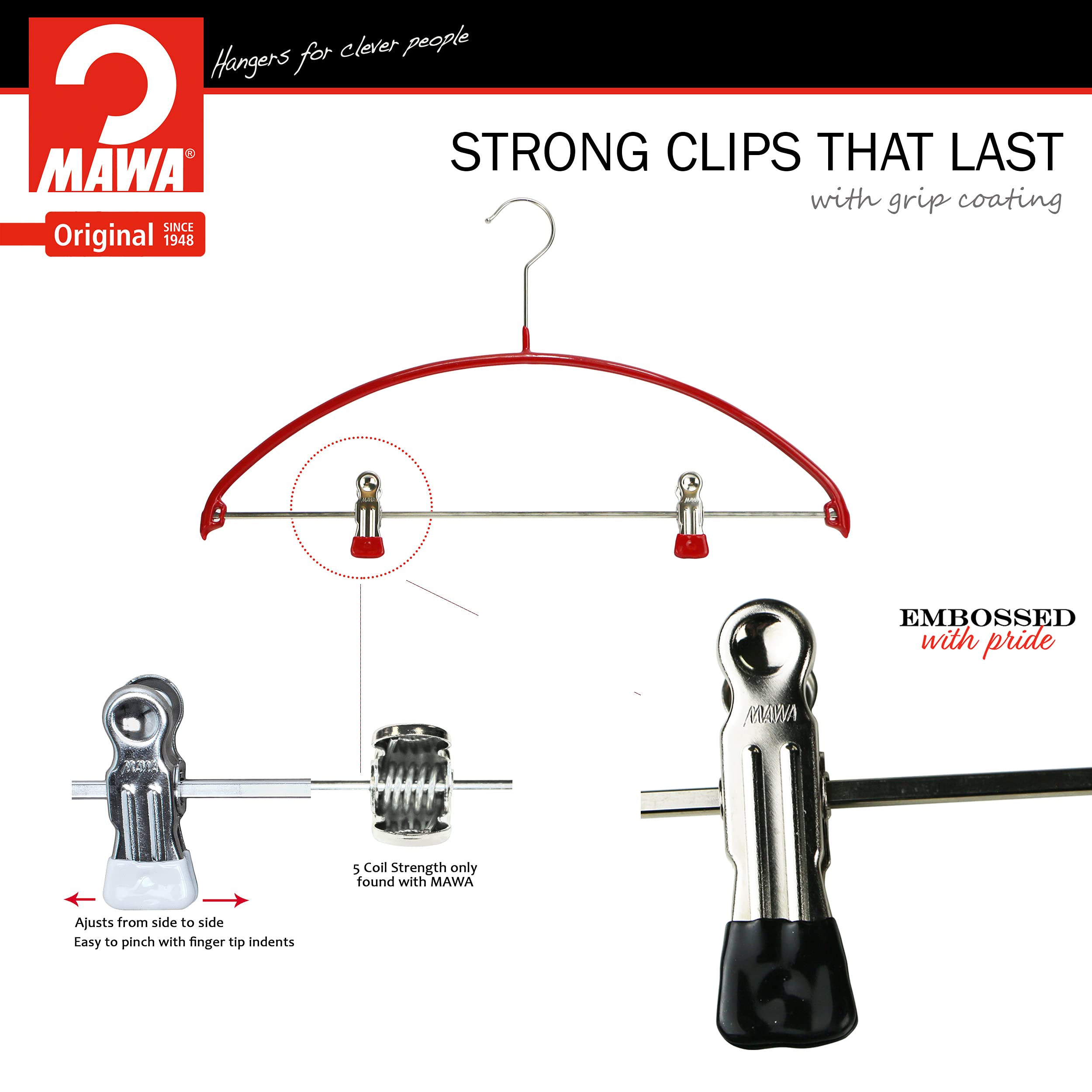 Mawa by Reston Lloyd European Non-Slip Metal Clothing Hanger  Smooth Shoulder Support & Adjustable Pant Clips  Set of 5  Red