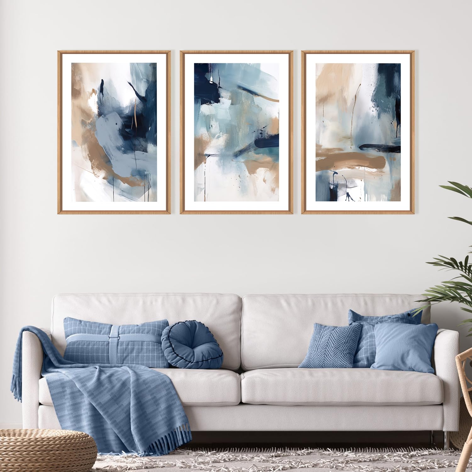 Lhiuem Large Navy Blue Brush Strokes Framed Canvas Wall Art Set,Abstract Neutral Art Painting,Modern Pastel Brown Artwork,Minima