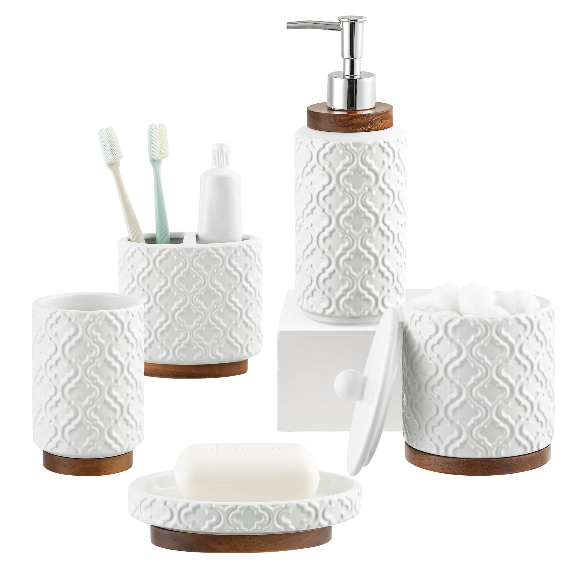 Rqyixi Bathroom Accessories Set 5 Pieces Toothbrush Holder Soap Dispenser Ceramic Bathroom Accessory Set Contain Cotton Swab Jar