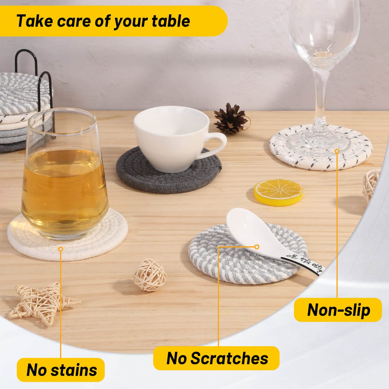 Billbotk 10 Pieces Coasters For Drink Absorbent, 5 Colors Drink Coasters With Holder, Woven Coasters Set For Coffee Table, Woode