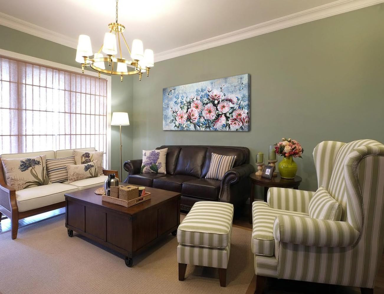 Acocifi Flowers Canvas Wall Art Abstract Peony Landscape Painting, Pink Florals And Butterfly Picture Print Textured Artwork Fra