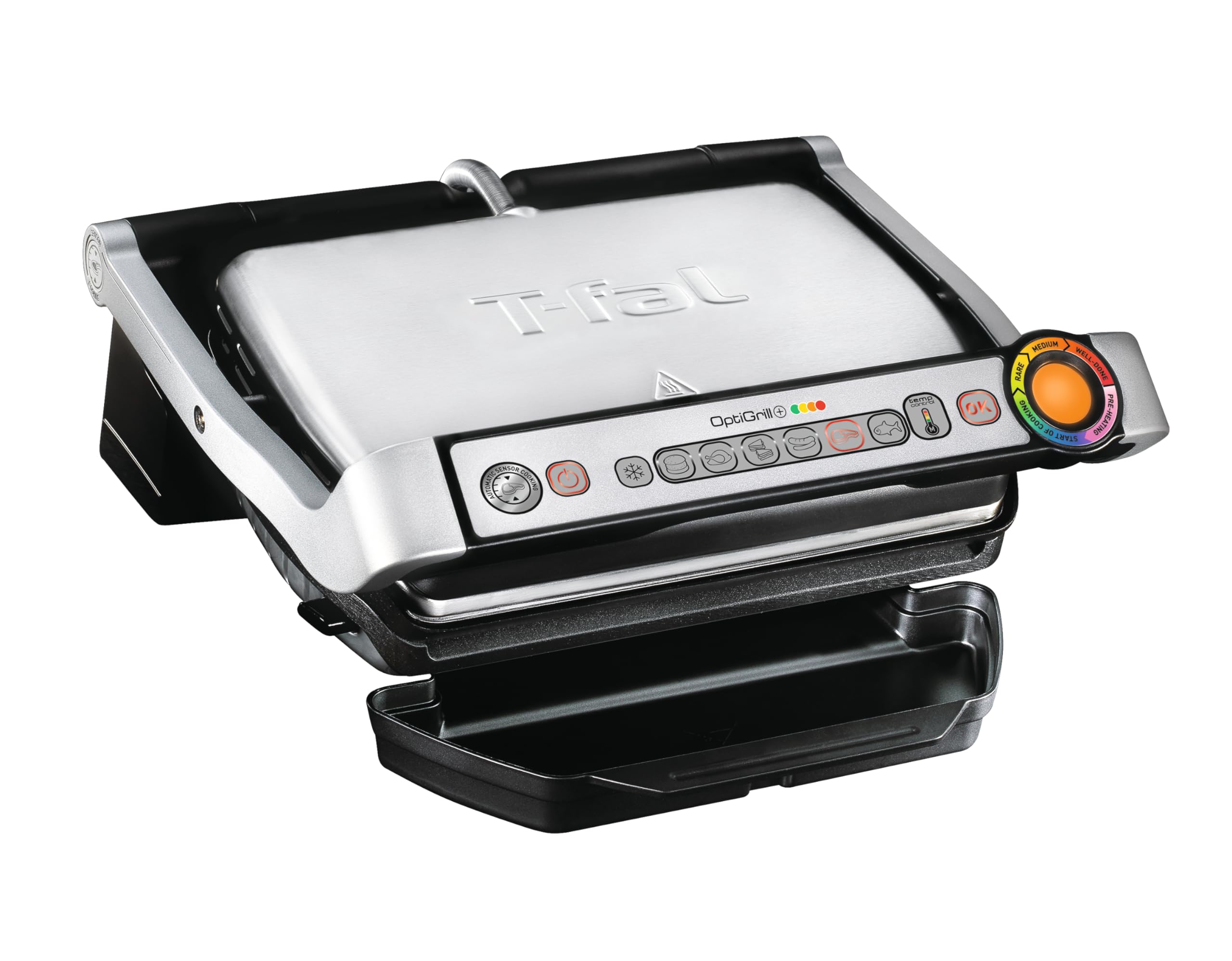 T-fal OptiGrill Stainless Steel Electric Grill Indoor 4 Servings 6 Automatic Cooking Modes, Intelligent grilling rare to well-do