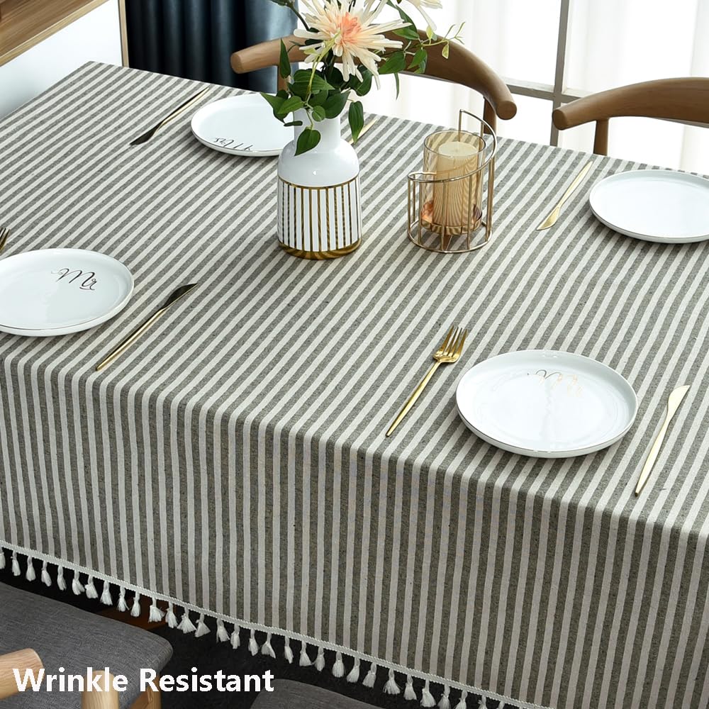 Trudelve Cotton Blend Tablecloth Green Striped Tablecloth With Tassels Boho Tablecloths For Rectangle Tables (Green,86 ''X55 '',
