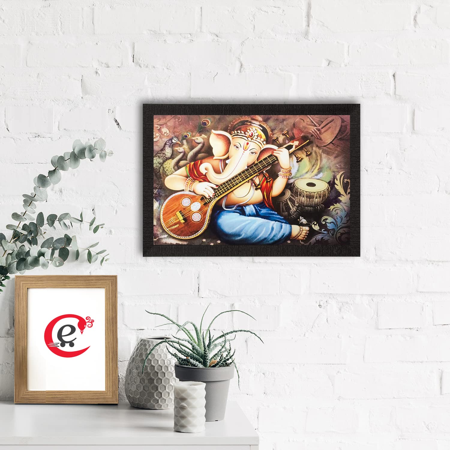 Ecraftindia Lord Ganesha Playing Musical Instrument Matt Textured Uv Art Painting (Synthetic Wood, 51 Cm X 36 Cm)