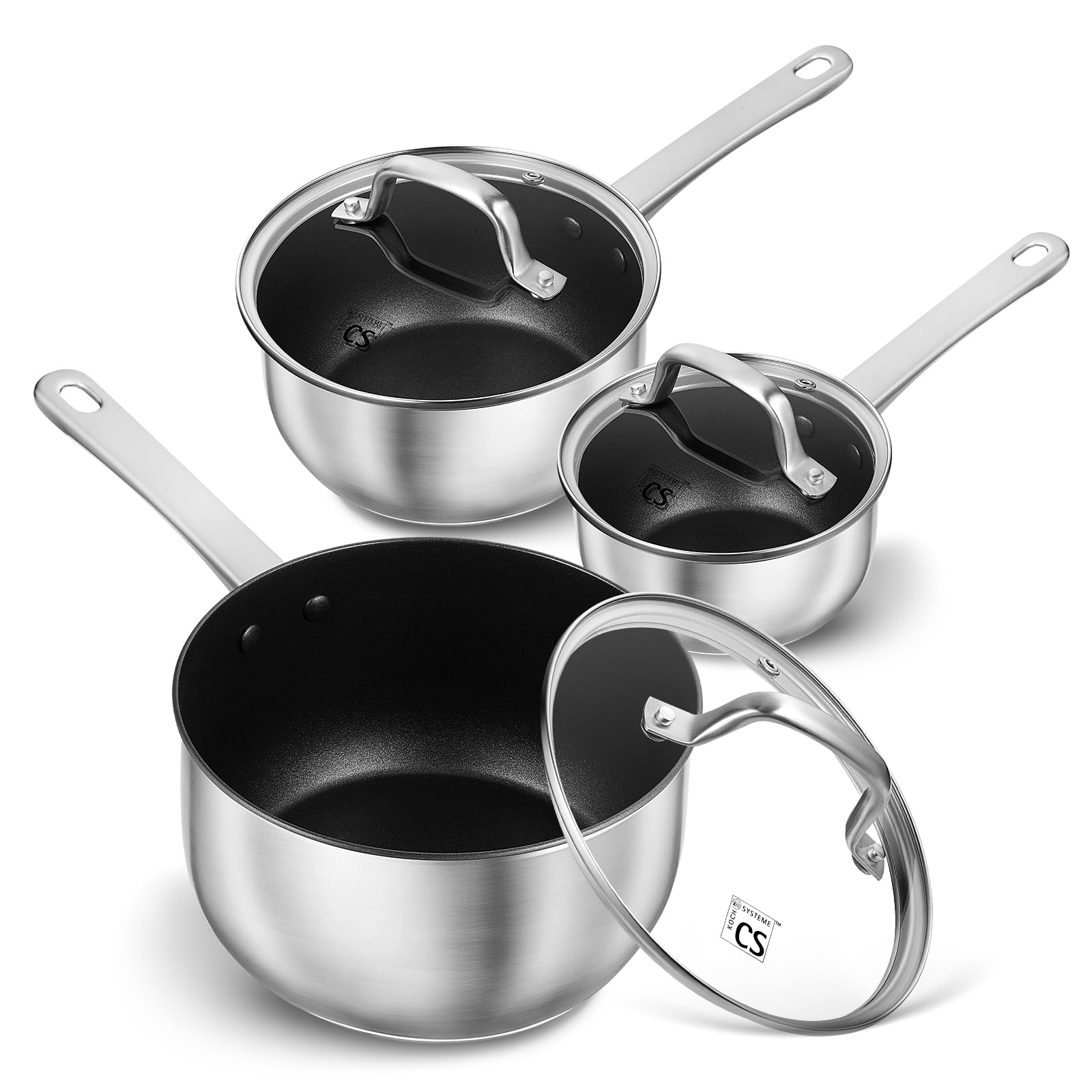 Koch Systeme Cs 1+2+3Qt Stainless Steel Saucepan Set With Nonstick Coating, Easy To Clean, Oven Safe
