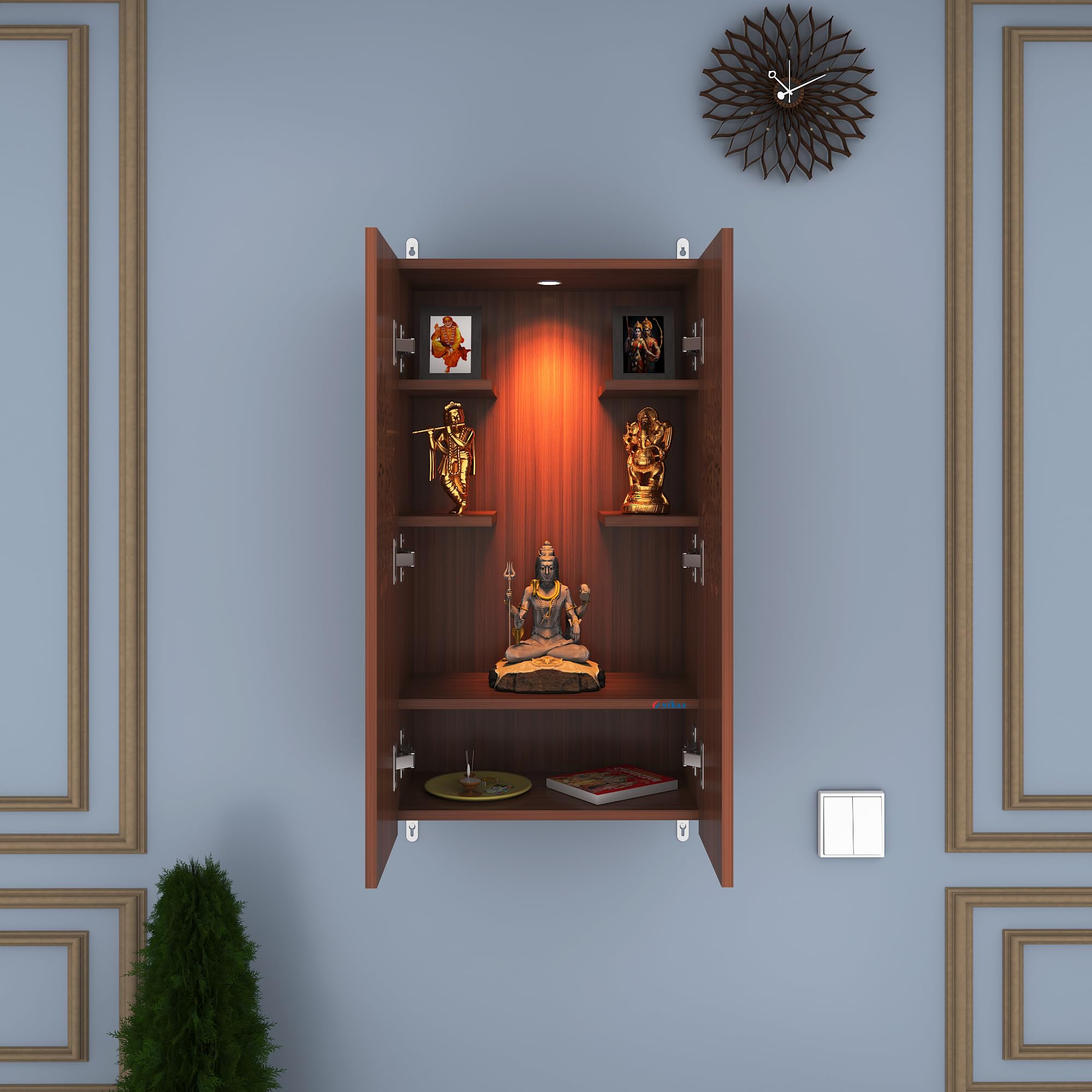 Anikaa Spirit Led Light Puja Stand  Walnut (D.I.Y  DoItYourself)  Wall Mountable Temple Shelf For Home & Office Decoration