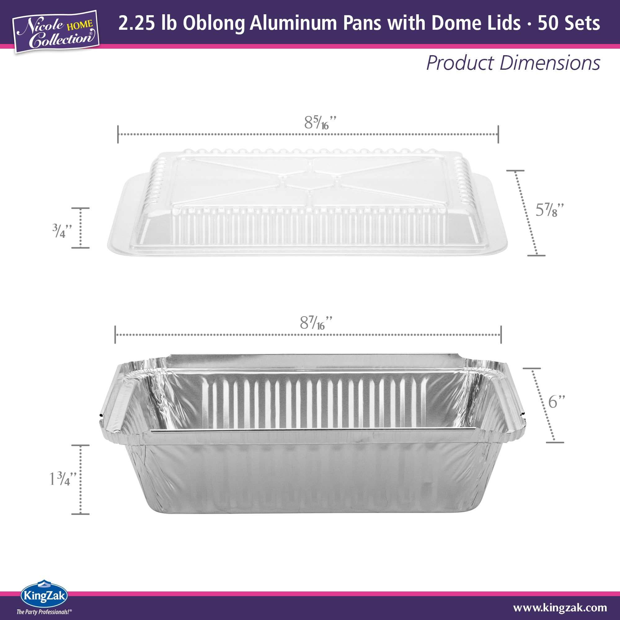 Aluminum Pans With Plastic Dome Lids - 50 Count - 2.25Lb (8.5''X6'') Oblong Pans - To Go Containers With Lids - Disposable Tin F