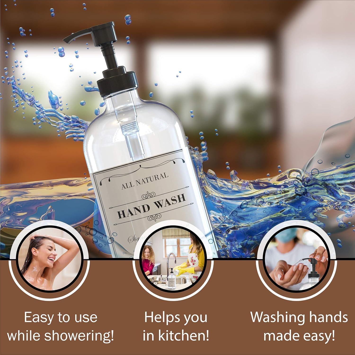 Sunrise Premium 16 Oz Clear Glass Soap Dispenser With Plastic Pump, Hand And Dish Soap Dispenser Set For Bathroom With 4 Waterpr