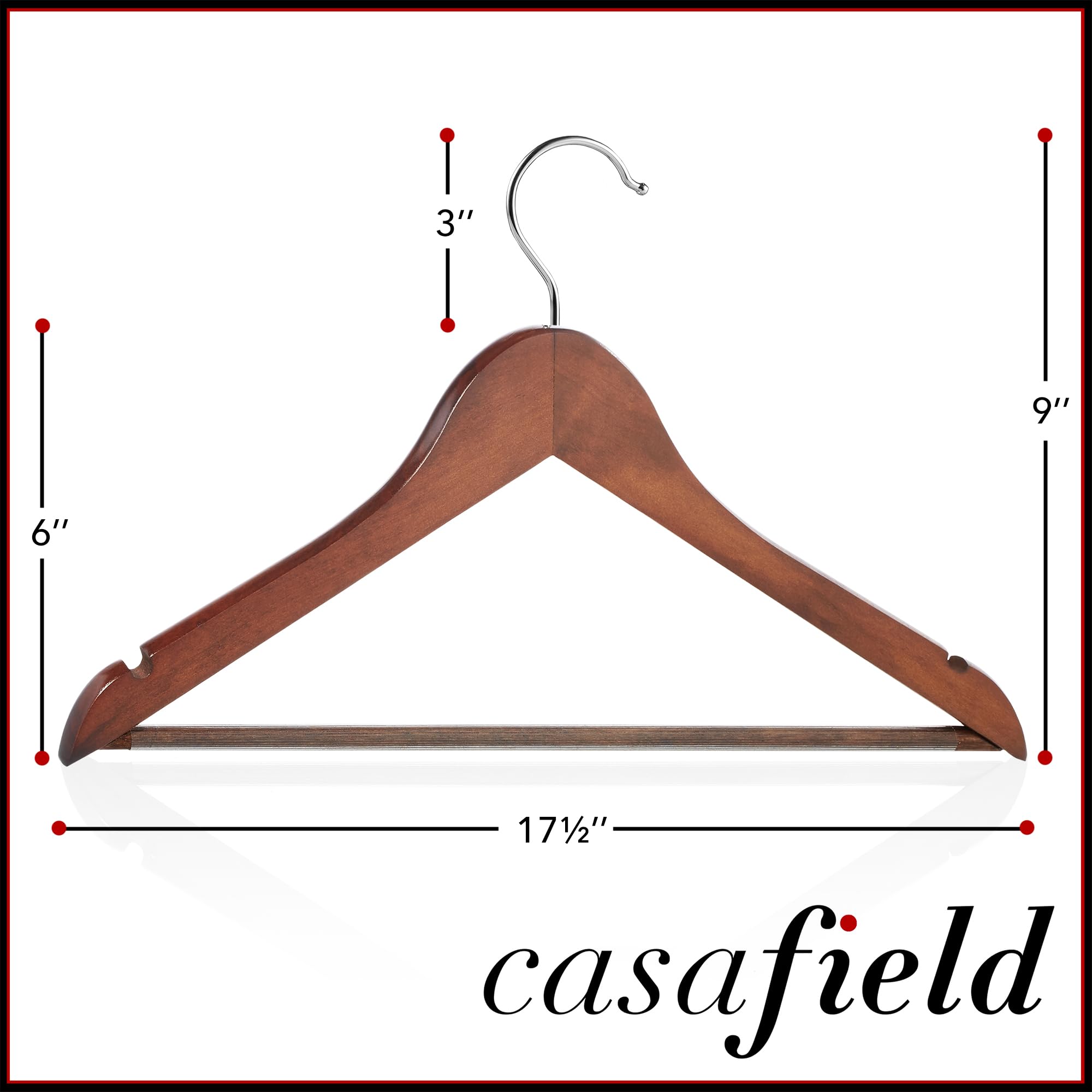 Casafield - 10 Walnut Wooden Suit Hangers - Premium Lotus Wood With Notches & Chrome Swivel Hook For Dress Clothes, Coats, Jacke