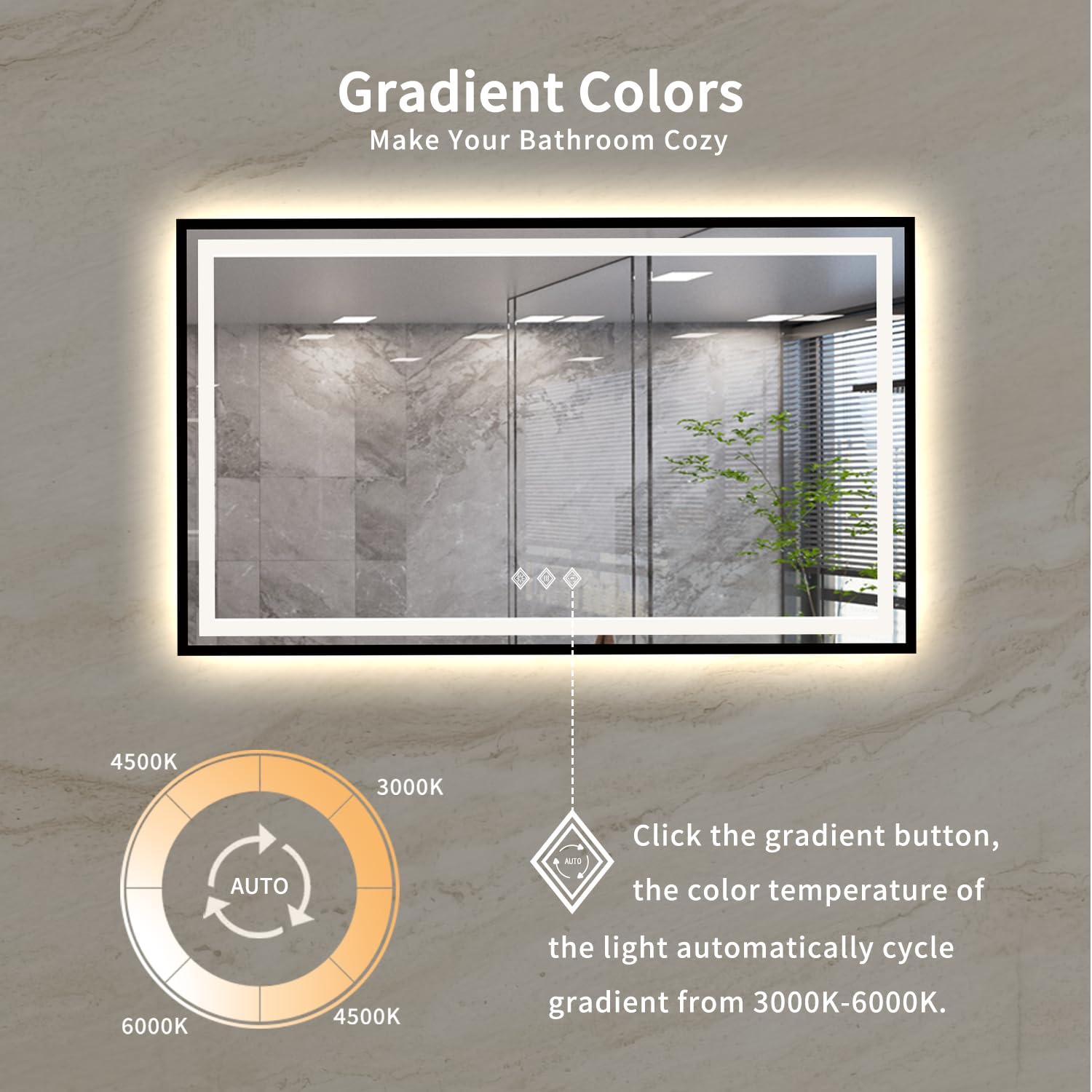 Vanpokins Led Mirror, 60X36 Inch Black Framed Gradient Front And Backlit Bathroom Mirror Black Frame, 3 Colors Dimmable Cri>90,