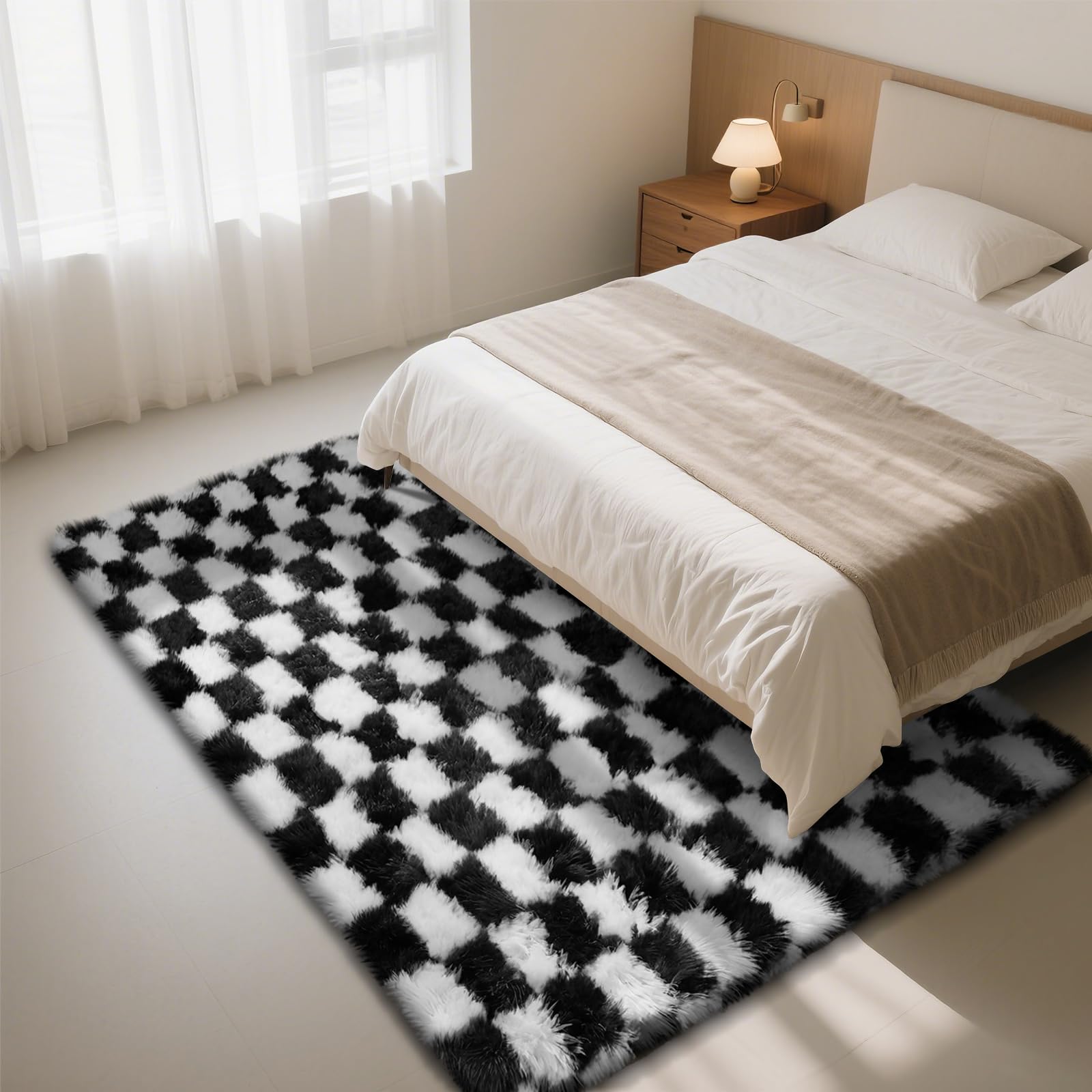 Checkered Rug for Bedroom, 4x6 Black and White Area Rugs, Classic Checkered Carpets Shaggy Area Rug, Bedside Rugs for Living Roo