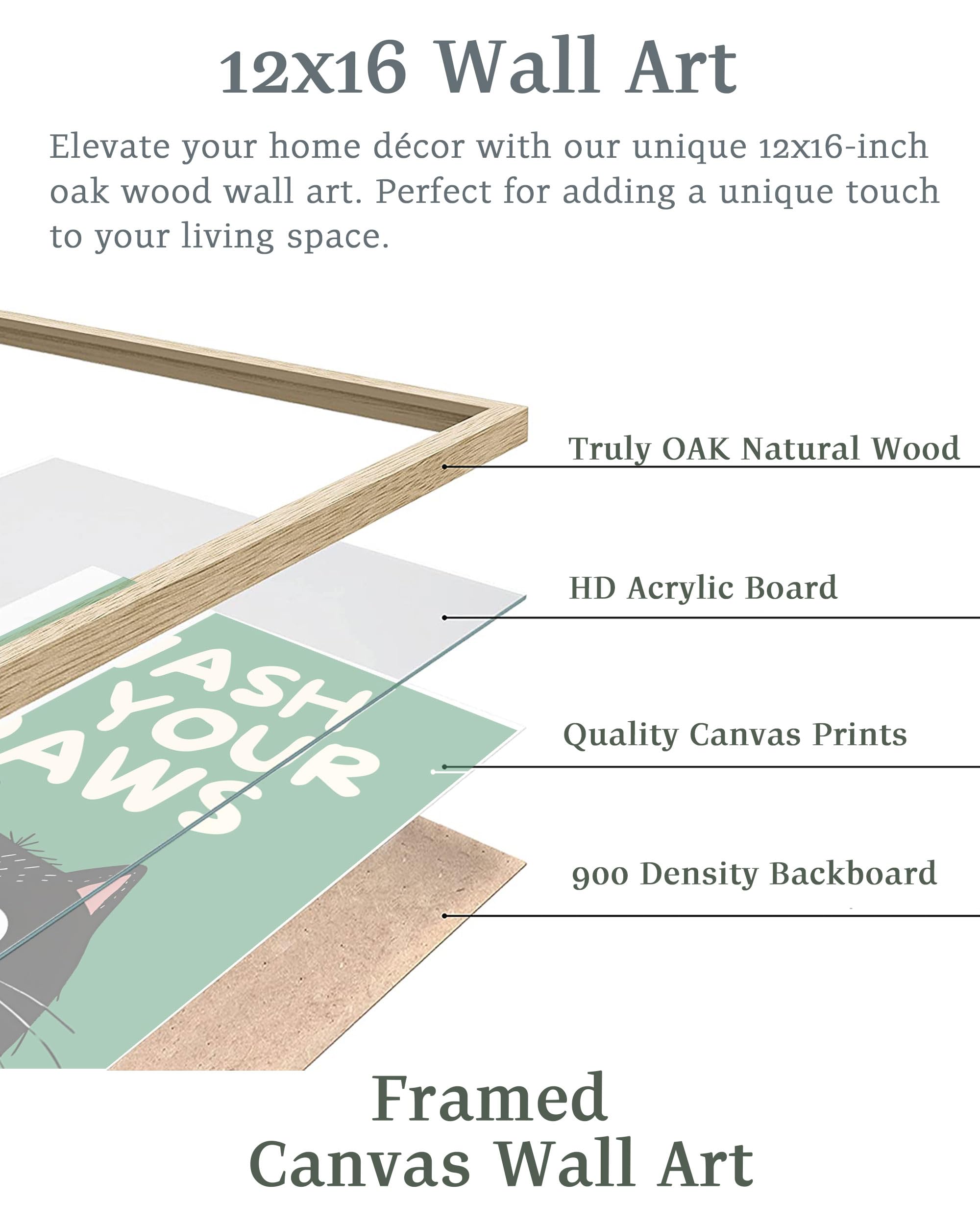 Upwoigh Beige Oak Framed Wall Art Decor, Black Cat Wash Your Paws Funny Wall Art, Waterproof Wood Framed Canvas Wall Art Animals